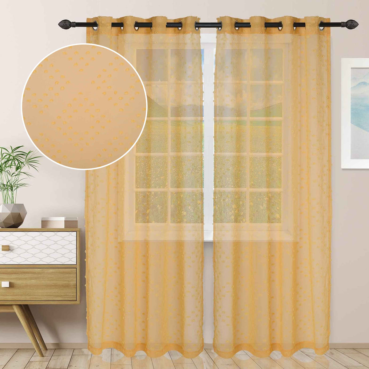  Sheer Poppy Floral Modern Textured Grommet Curtain Panels Set of 2 - LemonDrop