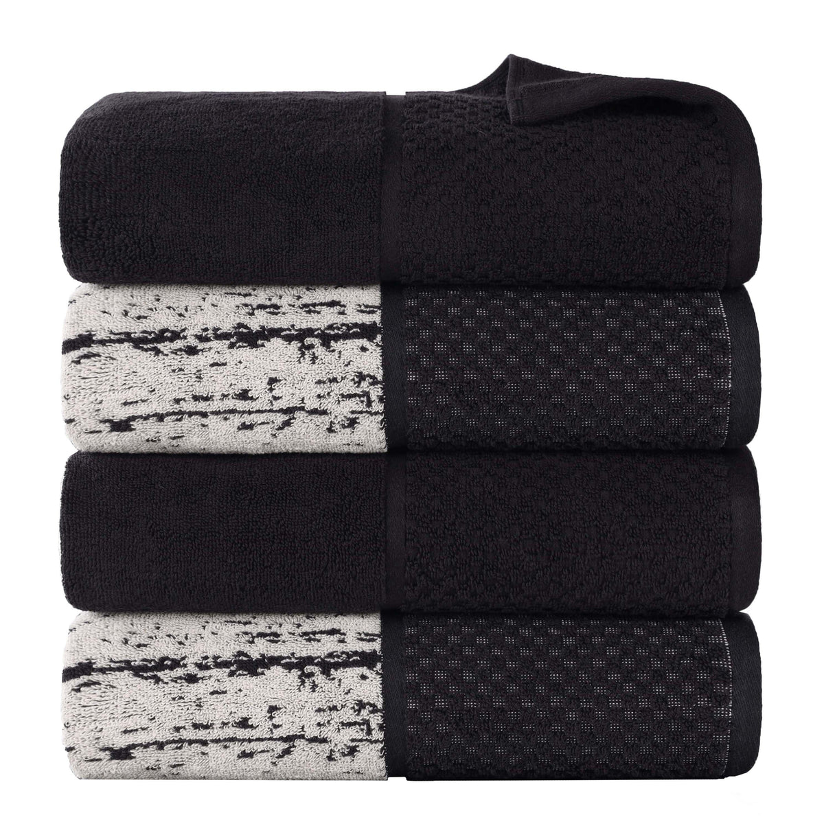 Lodie Cotton Jacquard Solid and Two-Toned Bath Towel Set of 4 - Black-Ivory