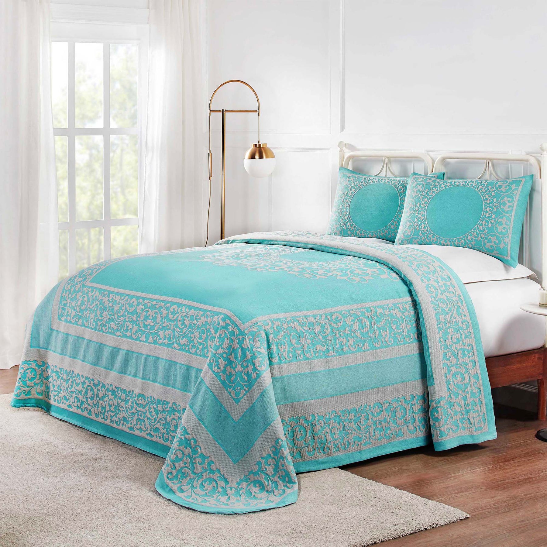 Superior Lyron Cotton Blend Woven Jacquard Vintage Floral Scroll Lightweight Bedspread and Sham Set  - Aqua