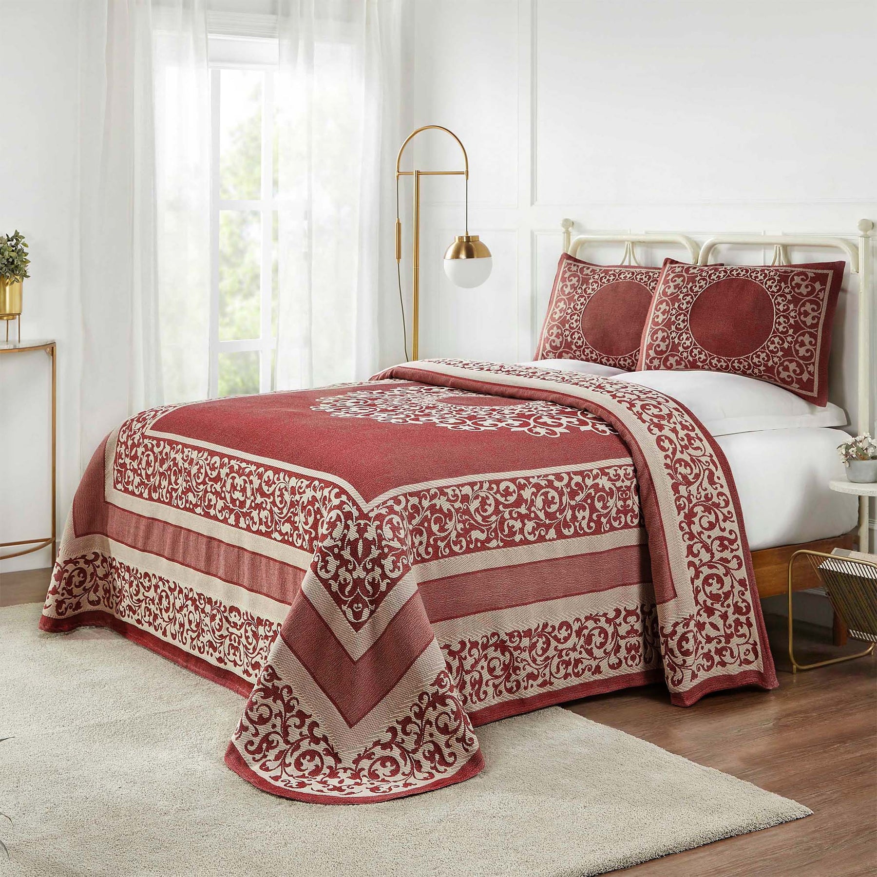 Superior Lyron Cotton Blend Woven Jacquard Vintage Floral Scroll Lightweight Bedspread and Sham Set  - Berry Red