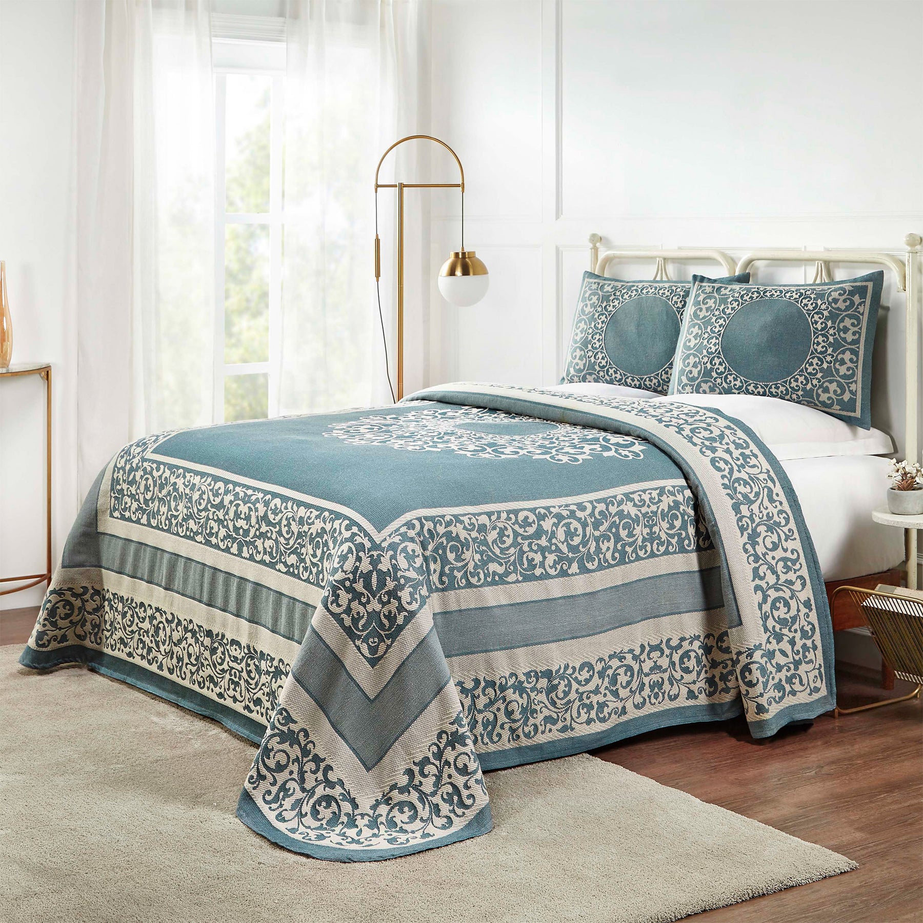 Superior Lyron Cotton Blend Woven Jacquard Vintage Floral Scroll Lightweight Bedspread and Sham Set  - Cerulean Blue