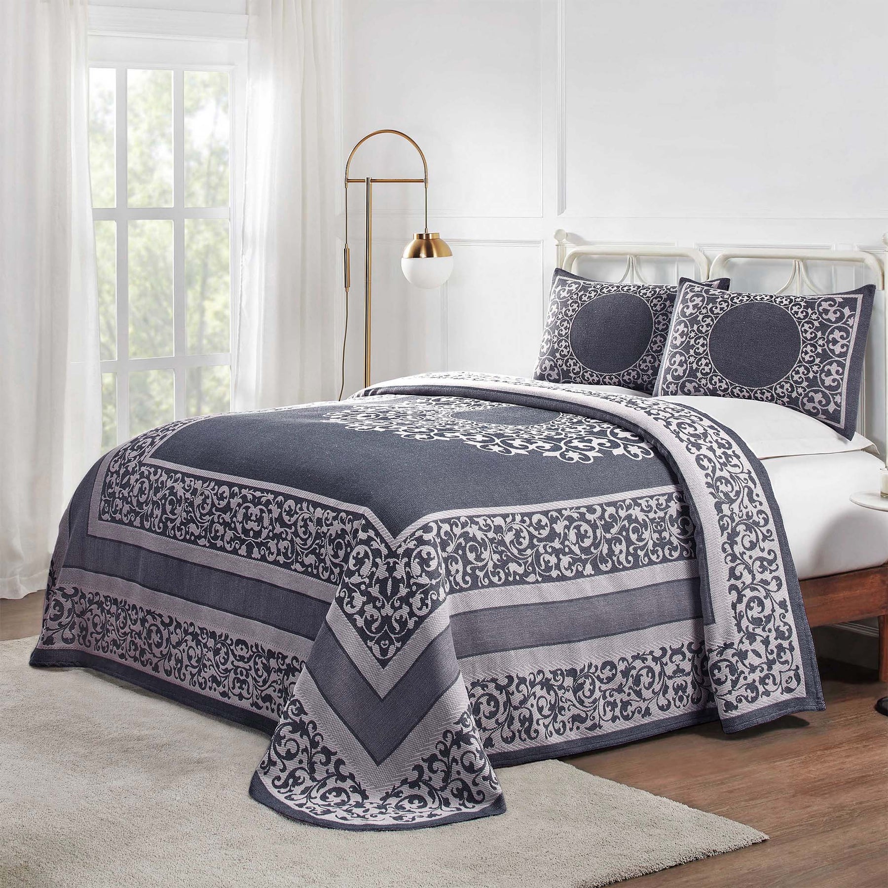 Superior Lyron Cotton Blend Woven Jacquard Vintage Floral Scroll Lightweight Bedspread and Sham Set  - Denim Blue