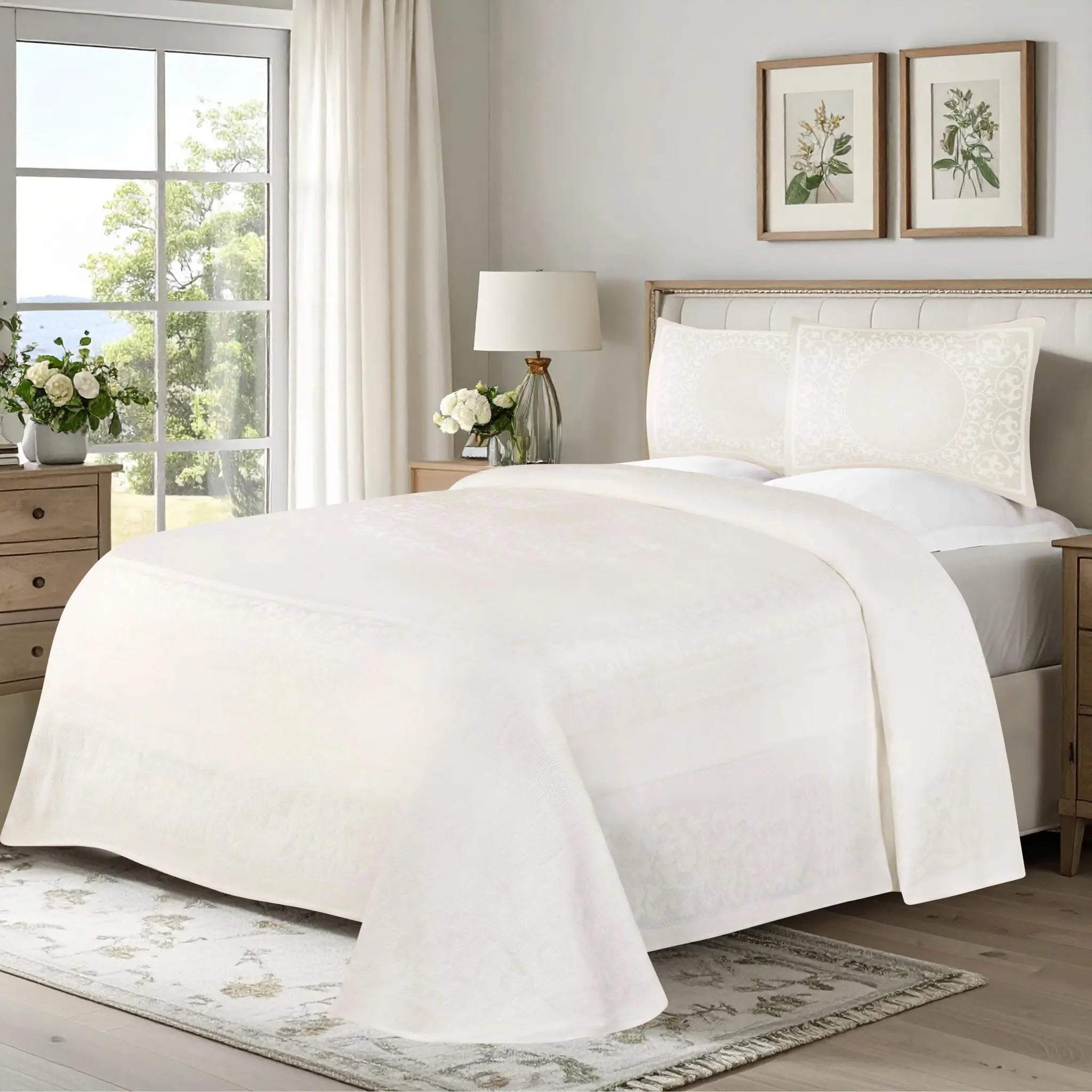 Lightweight Cotton Bedspread Set 3-Piece Lyron Floral Scroll Jacquard