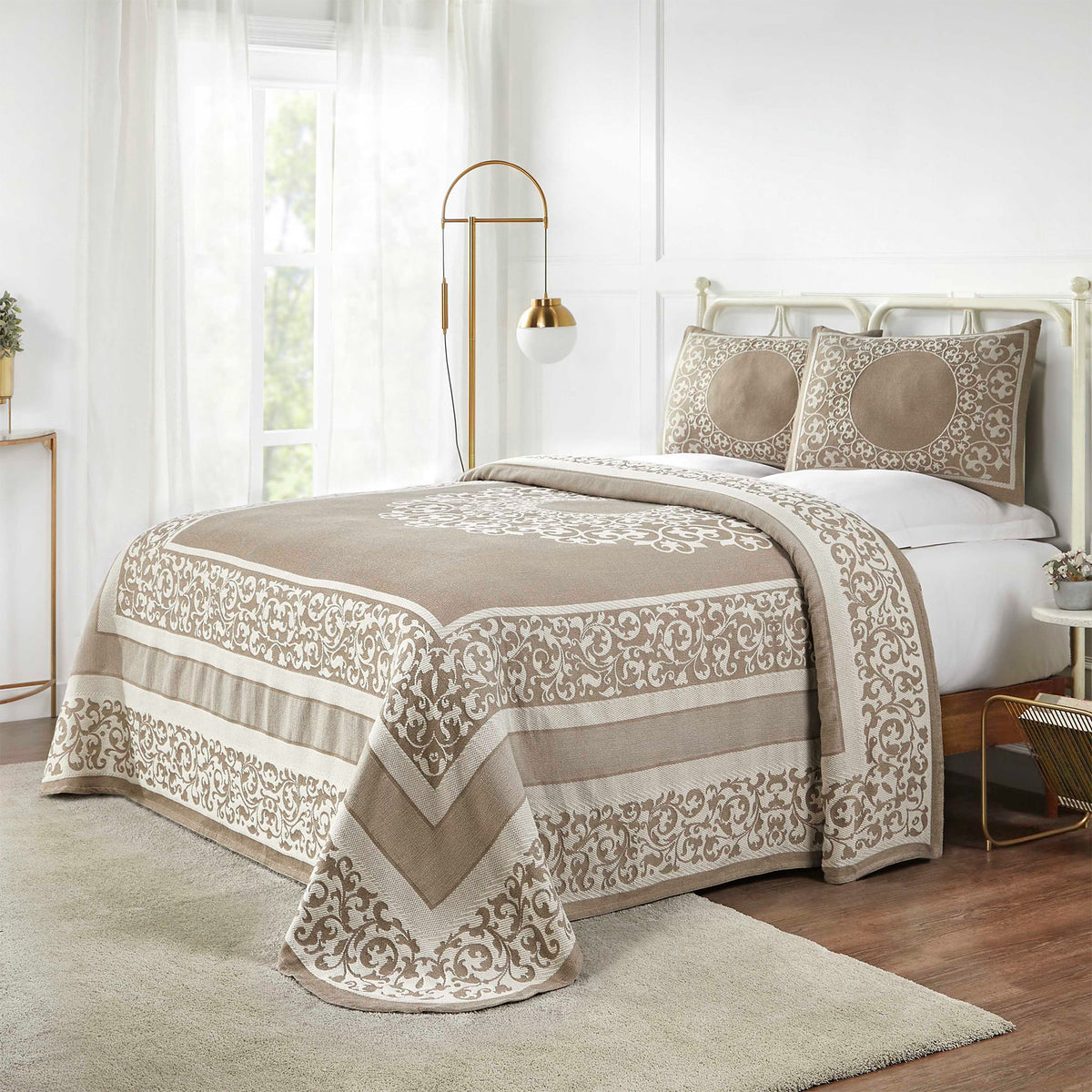 Superior Lyron Cotton Blend Woven Jacquard Vintage Floral Scroll Lightweight Bedspread and Sham Set  - Taupe