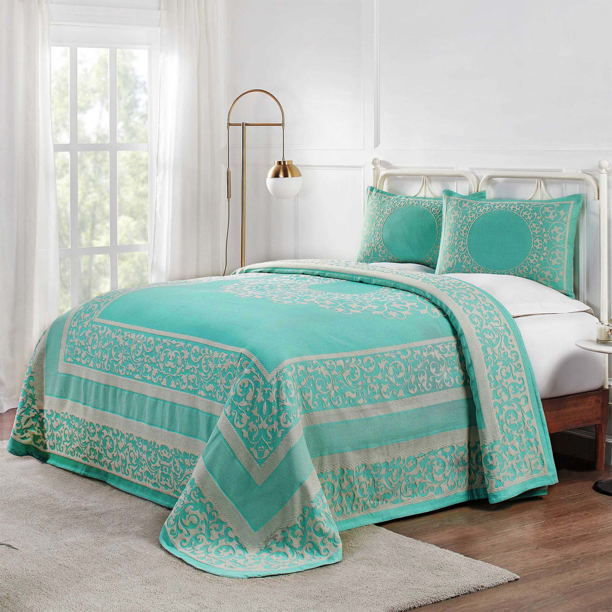Superior Lyron Cotton Blend Woven Jacquard Vintage Floral Scroll Lightweight Bedspread and Sham Set  - Turquoise