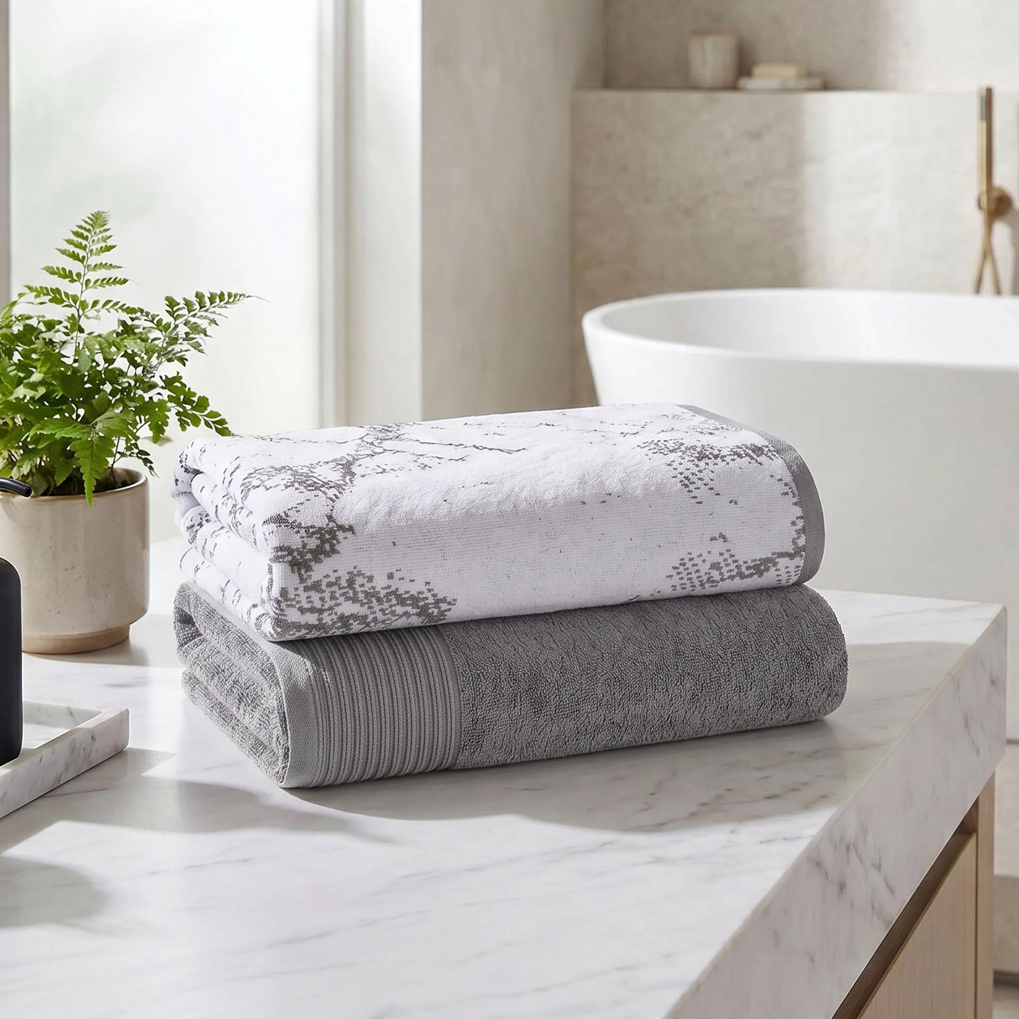 Marble & Solid Oversized Cotton Bath Sheets – Mixed 2 Piece Set