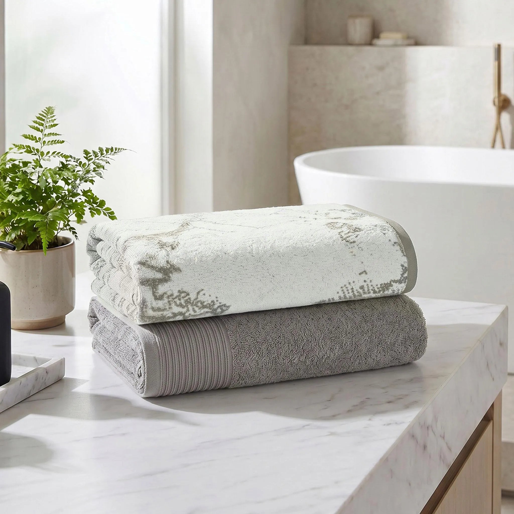 Marble & Solid Oversized Cotton Bath Sheets – Mixed 2 Piece Set