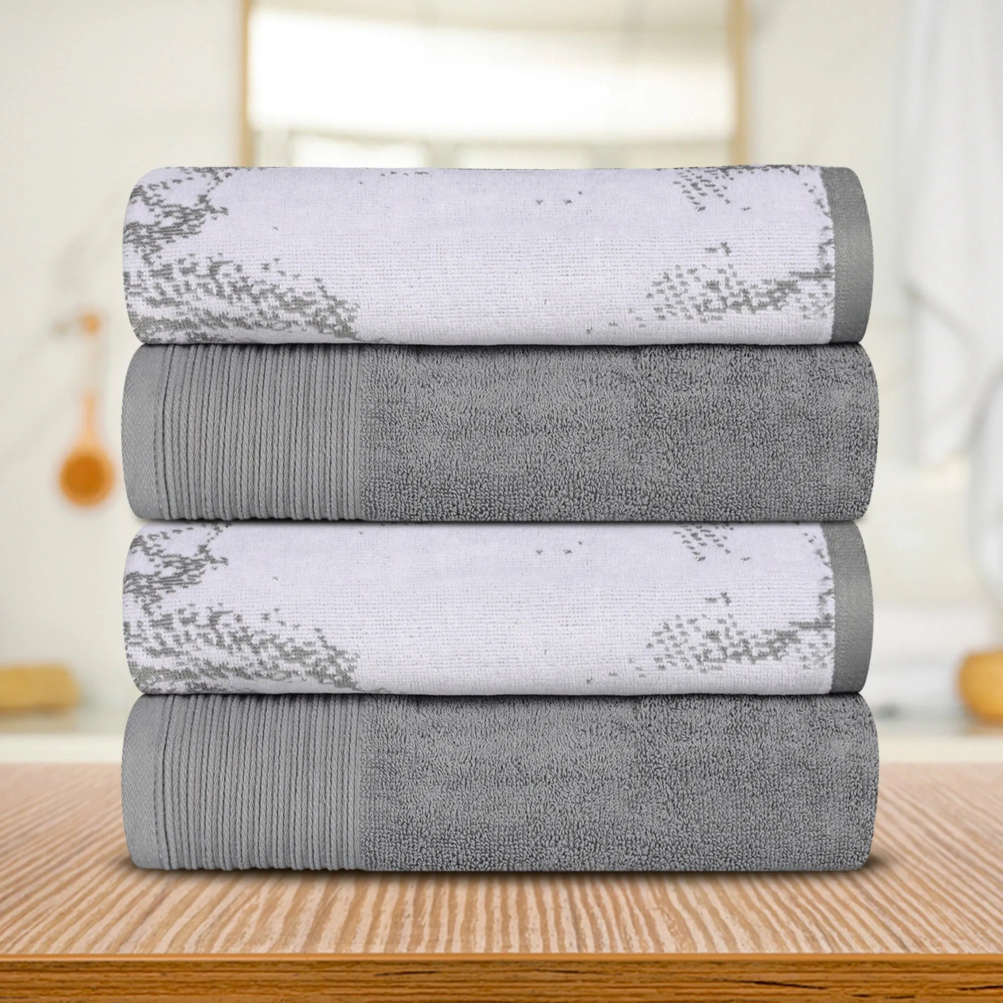 Cotton Marble Solid Jacquard Border Bath Towel Set of 4 - Bath Towel by Superior Brand