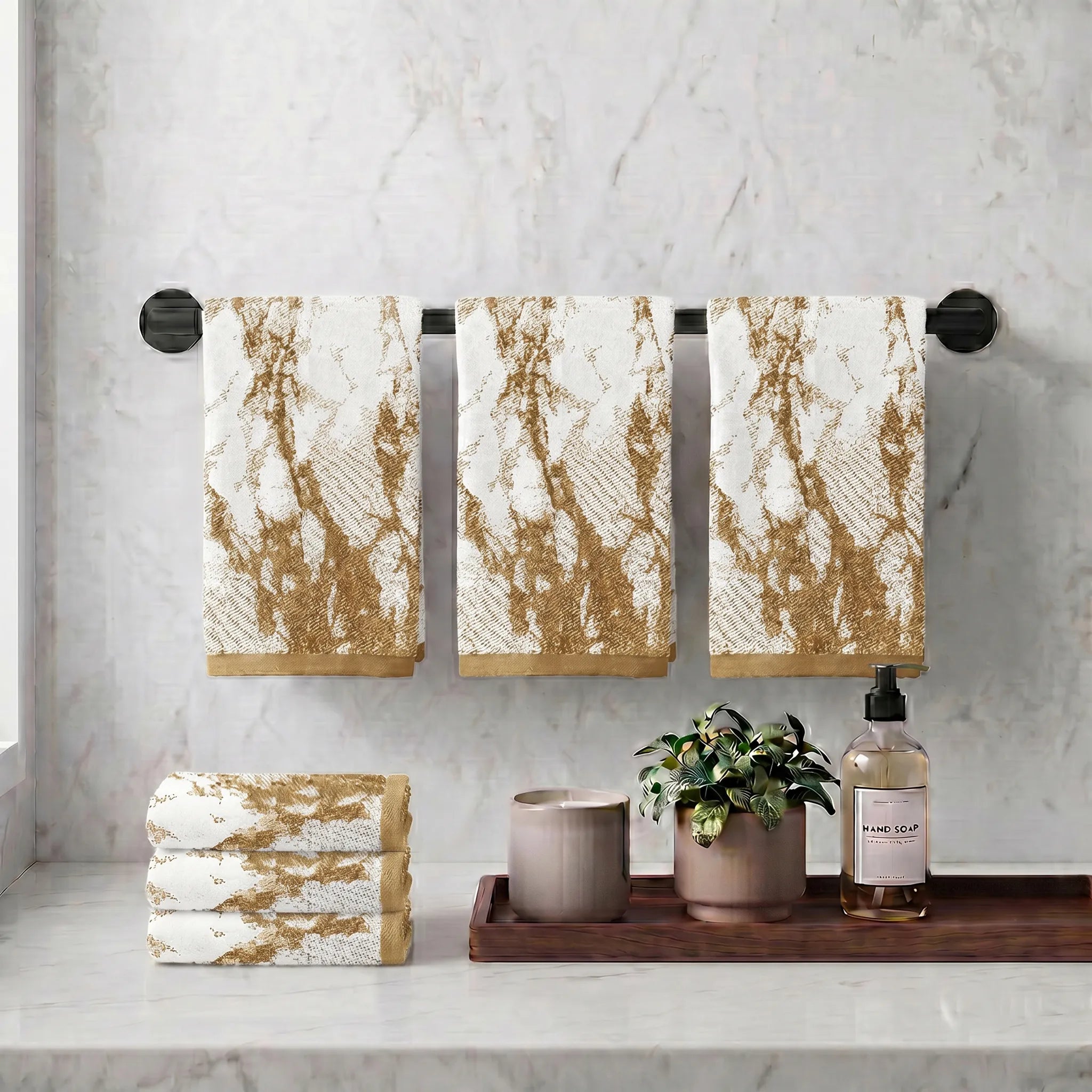 Marble Pattern Velour Cotton Hand Towel Set - 6 Piece