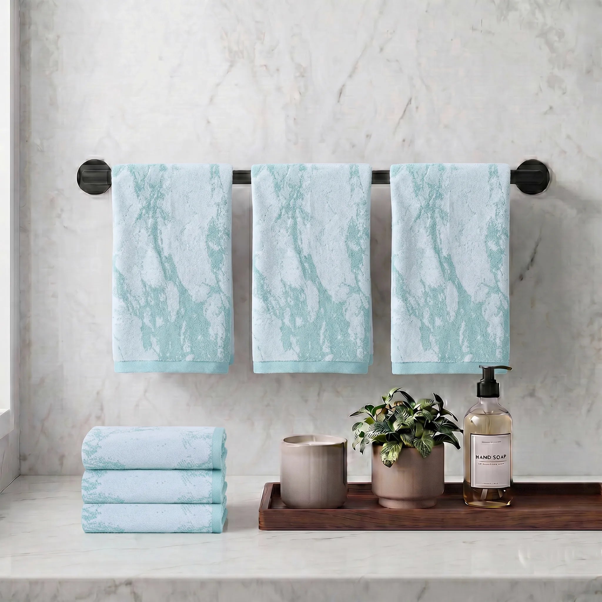 Marble Pattern Velour Cotton Hand Towel Set - 6 Piece