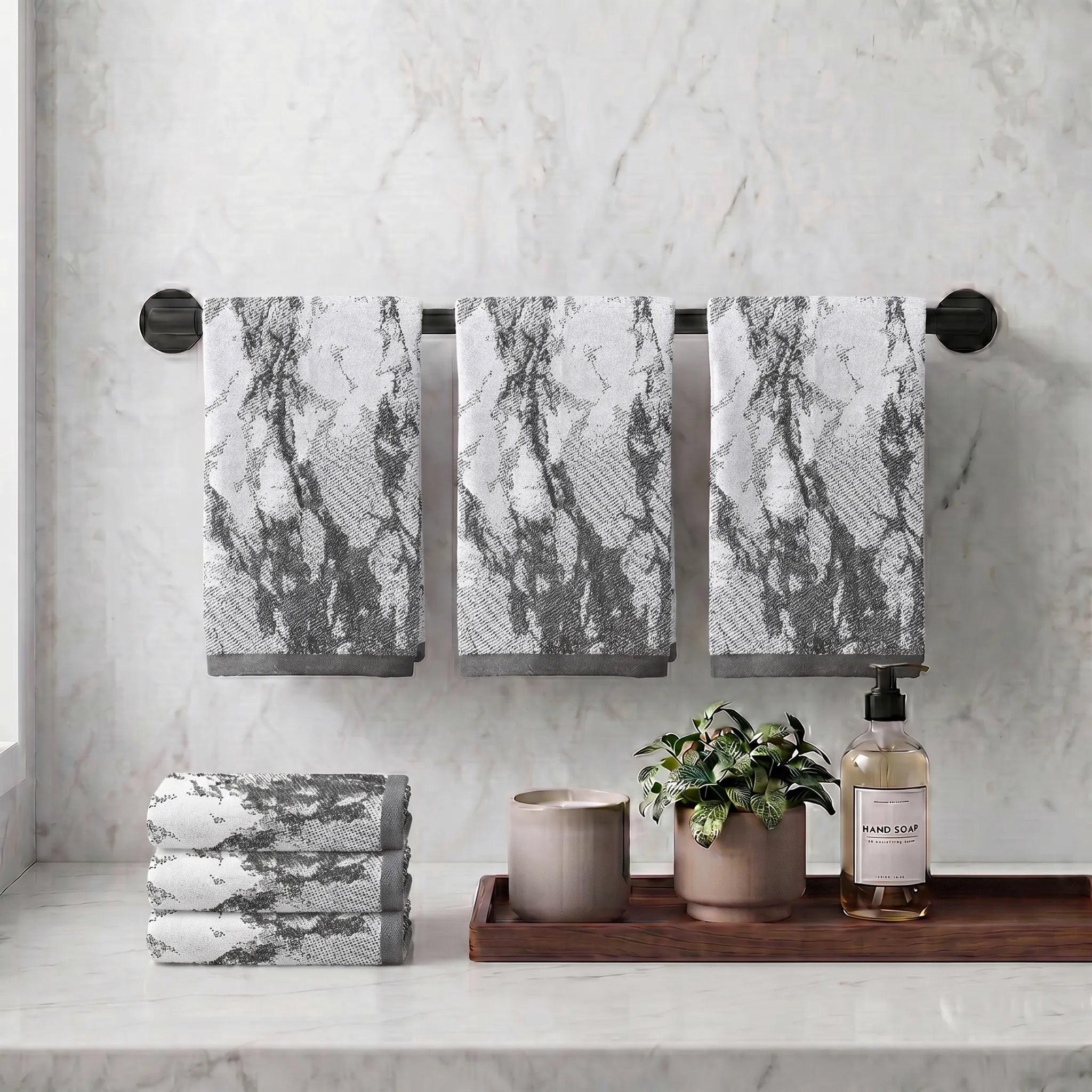 Marble Pattern Velour Cotton Hand Towel Set - 6 Piece