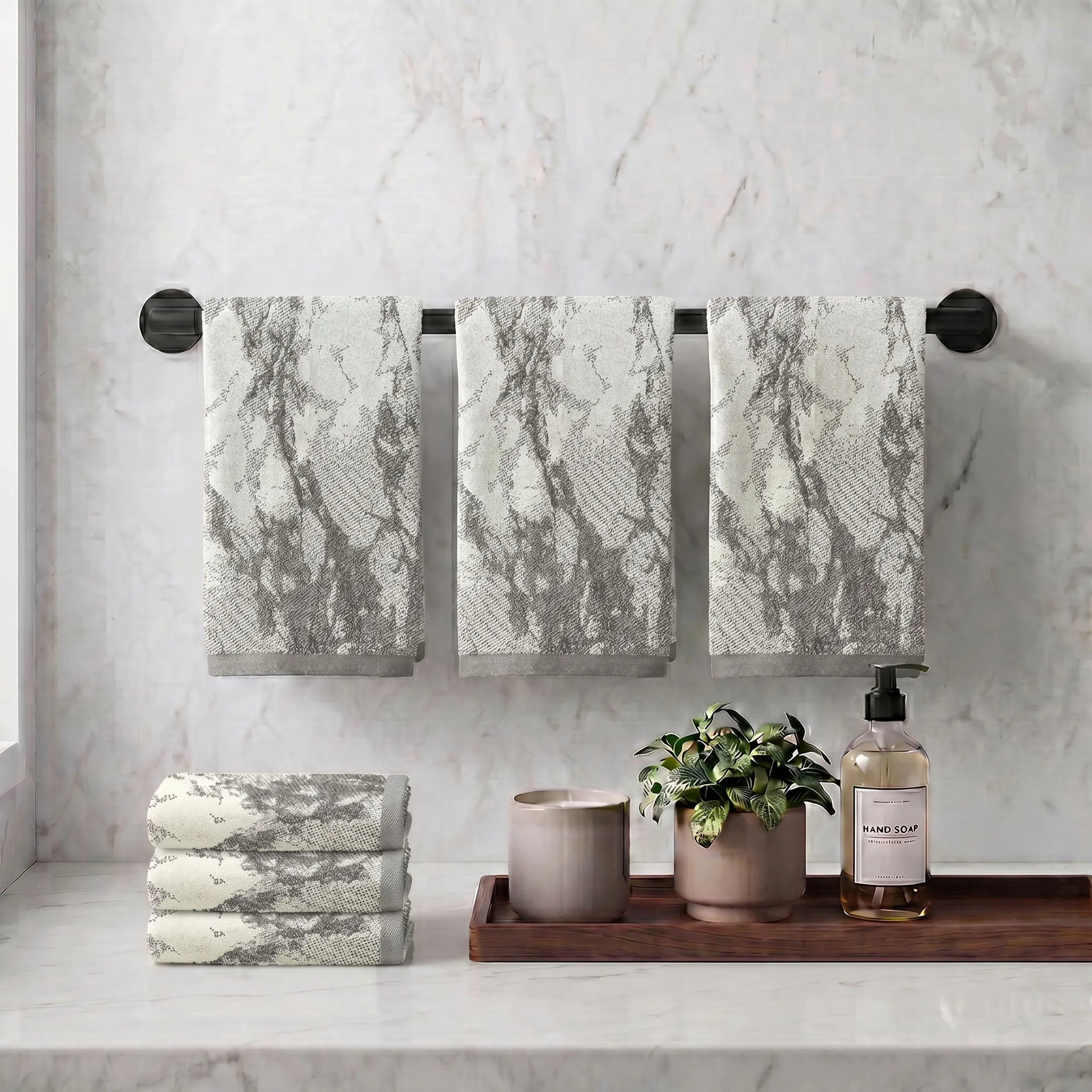 Marble Pattern Velour Cotton Hand Towel Set - 6 Piece