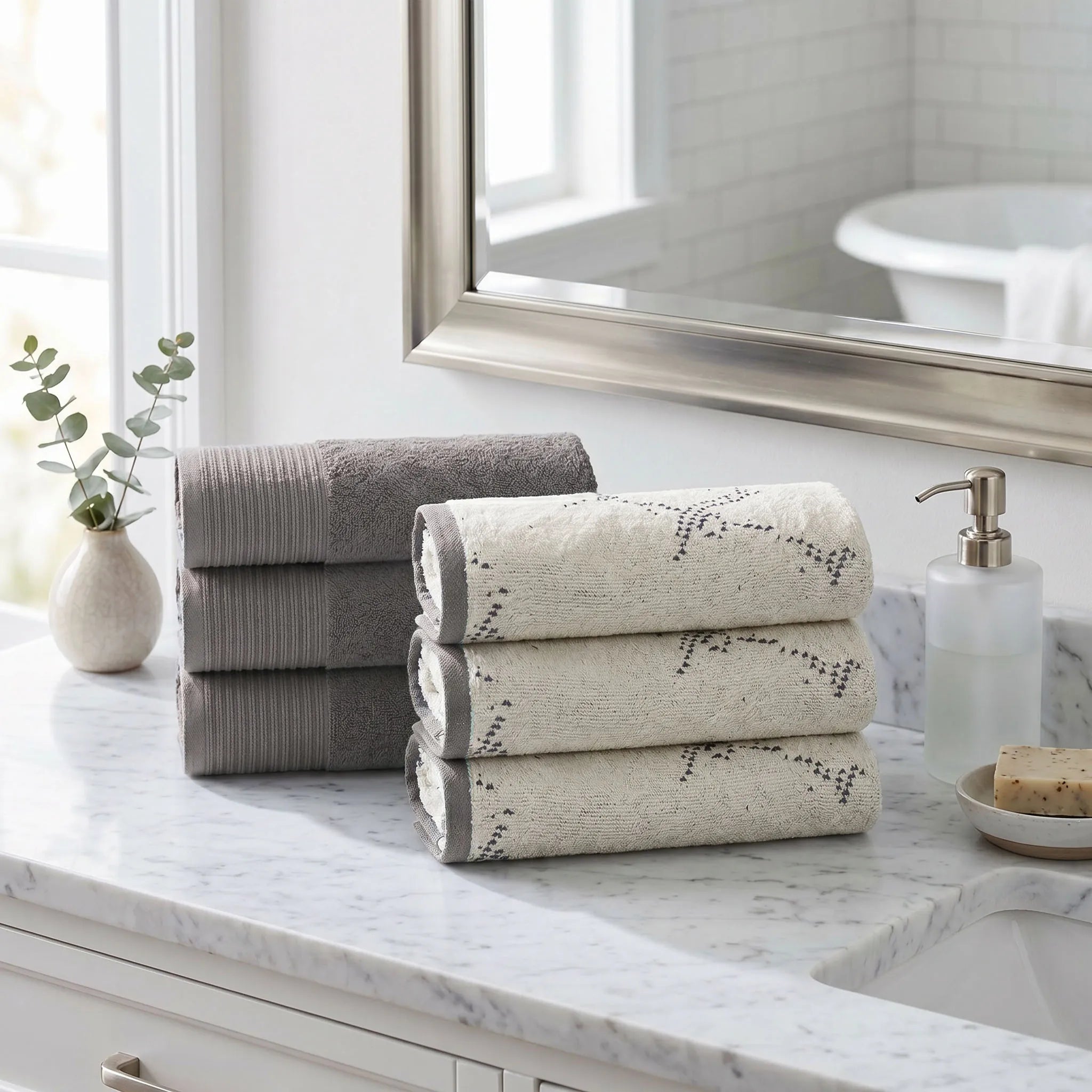 Marble and Solid Jacquard Cotton Hand Towel Set - 6 Piece