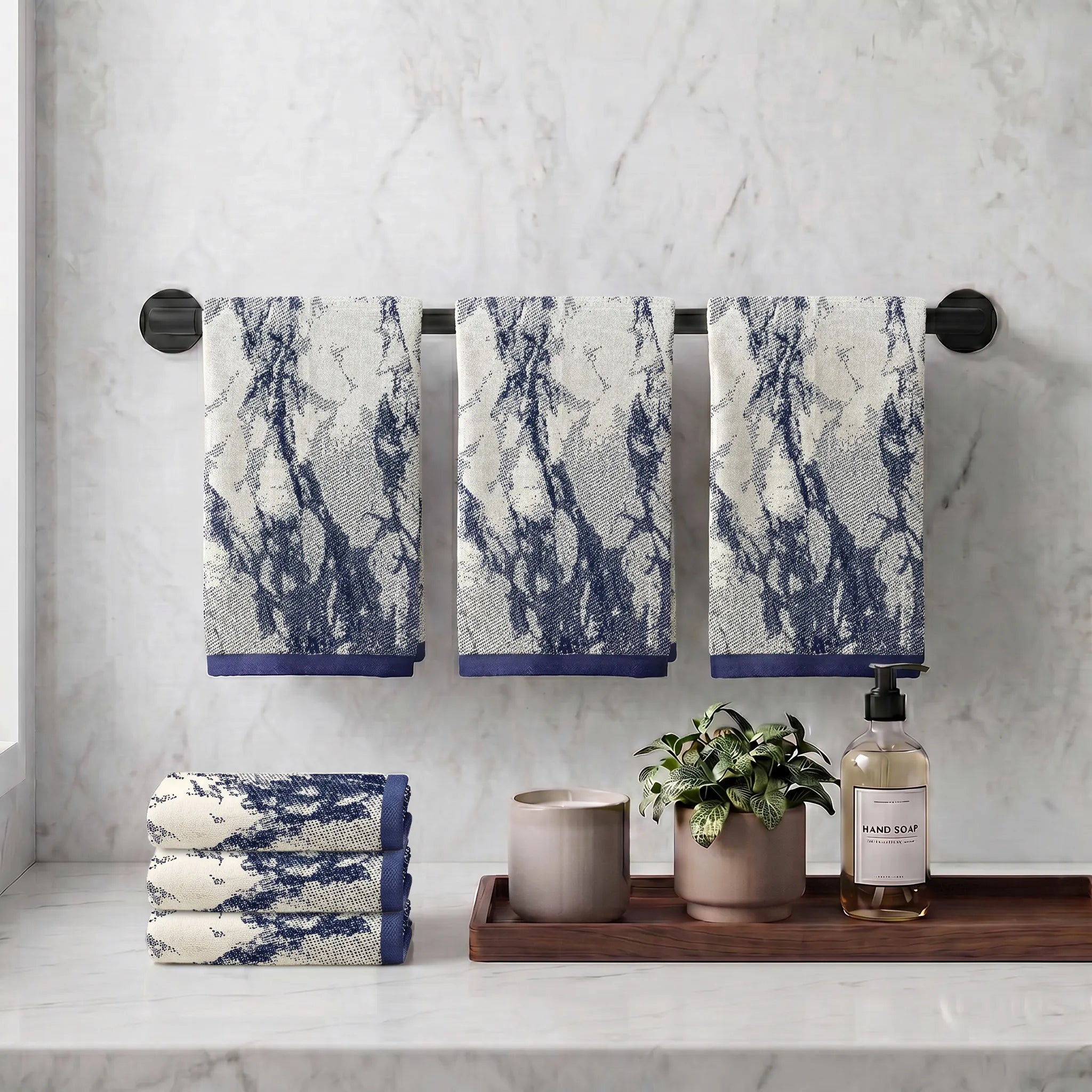 Marble Pattern Velour Cotton Hand Towel Set - 6 Piece