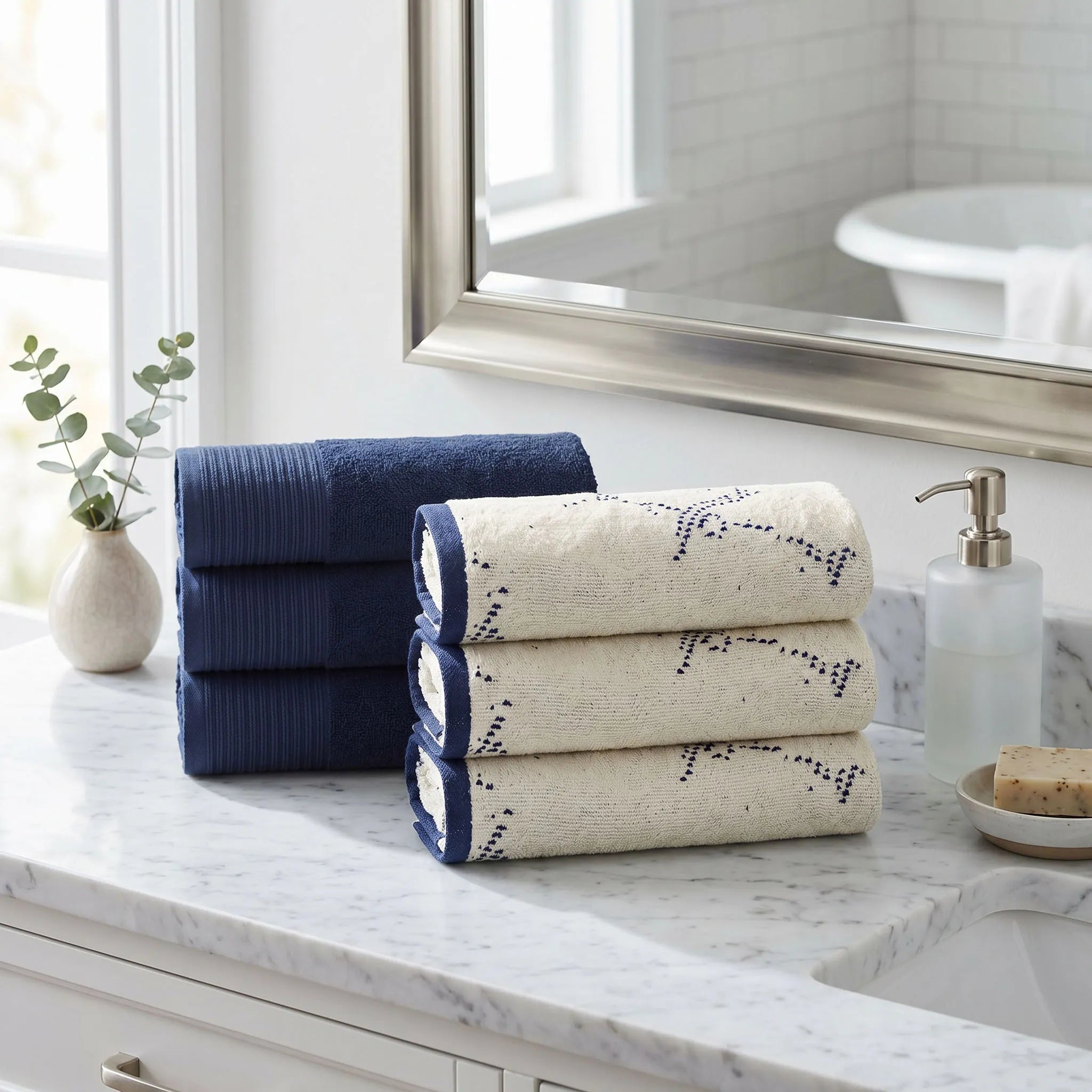 Marble and Solid Jacquard Cotton Hand Towel Set - 6 Piece