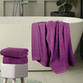 Basketweave Egyptian Cotton Jacquard and Solid Bath Towel Set of 4 - MajesticPurple