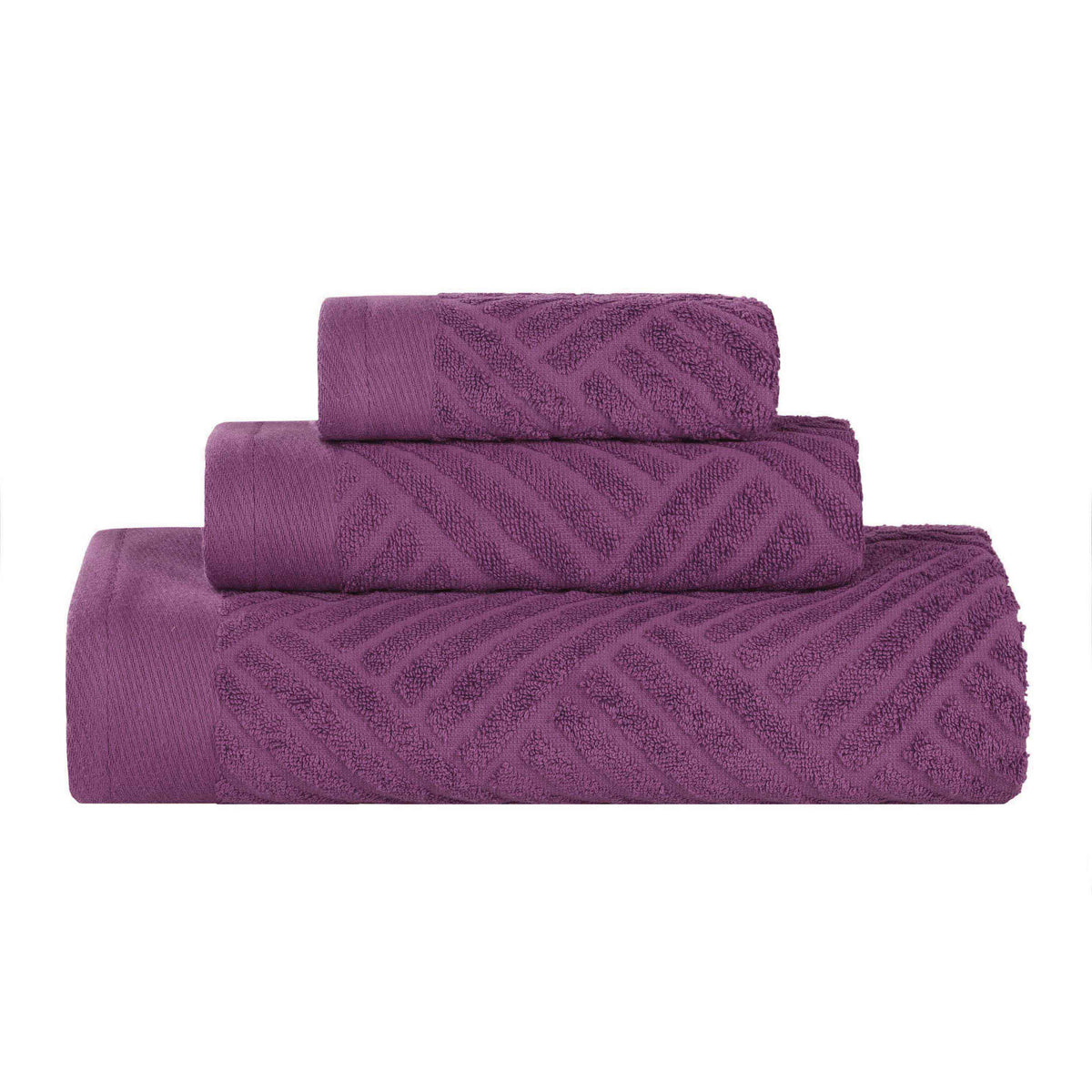 Basketweave Egyptian Cotton Jacquard 3 Piece Assorted Towel Set - MajesticPurple