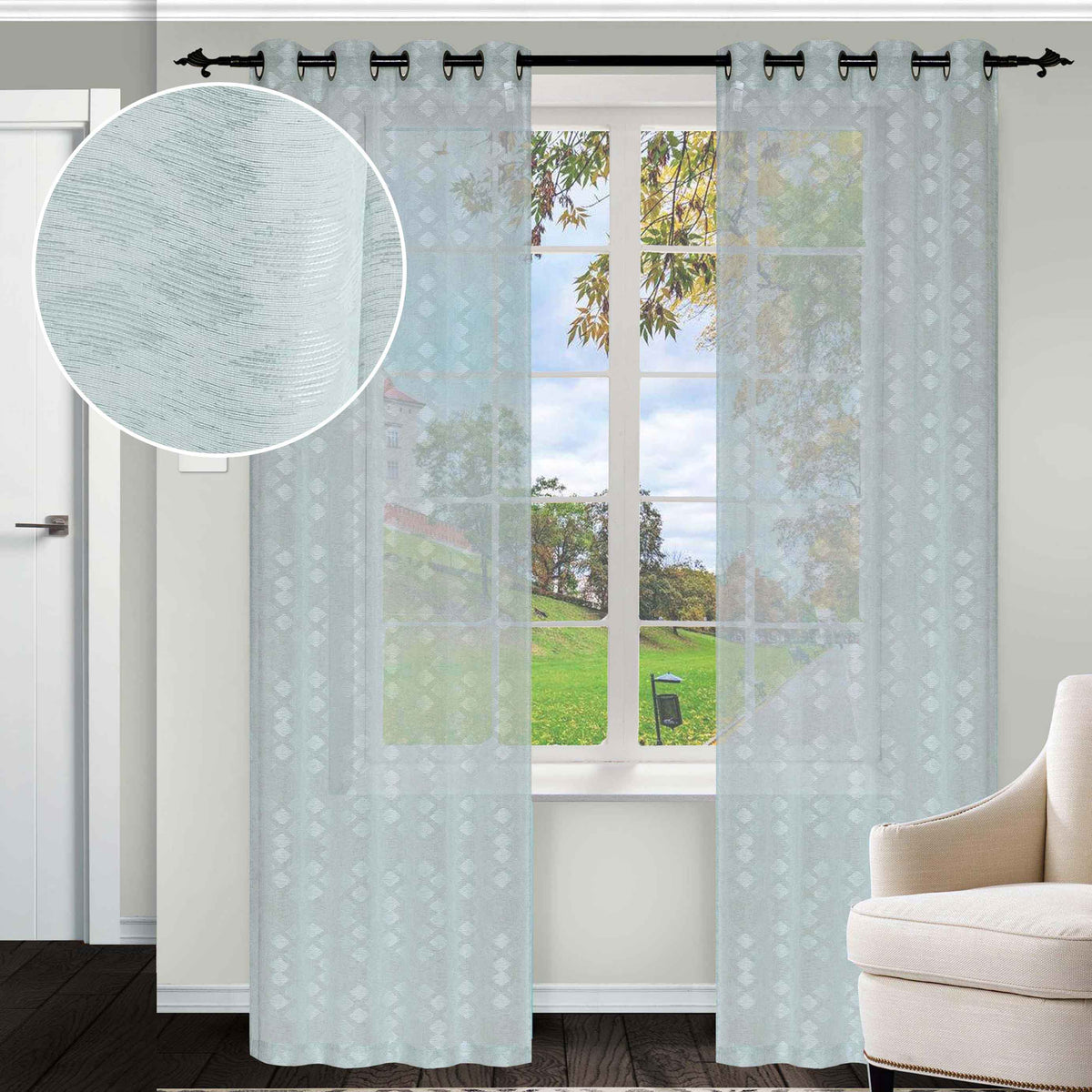 Embroidered Argyle Sheer 2-Piece Grommet Curtain Panel Set