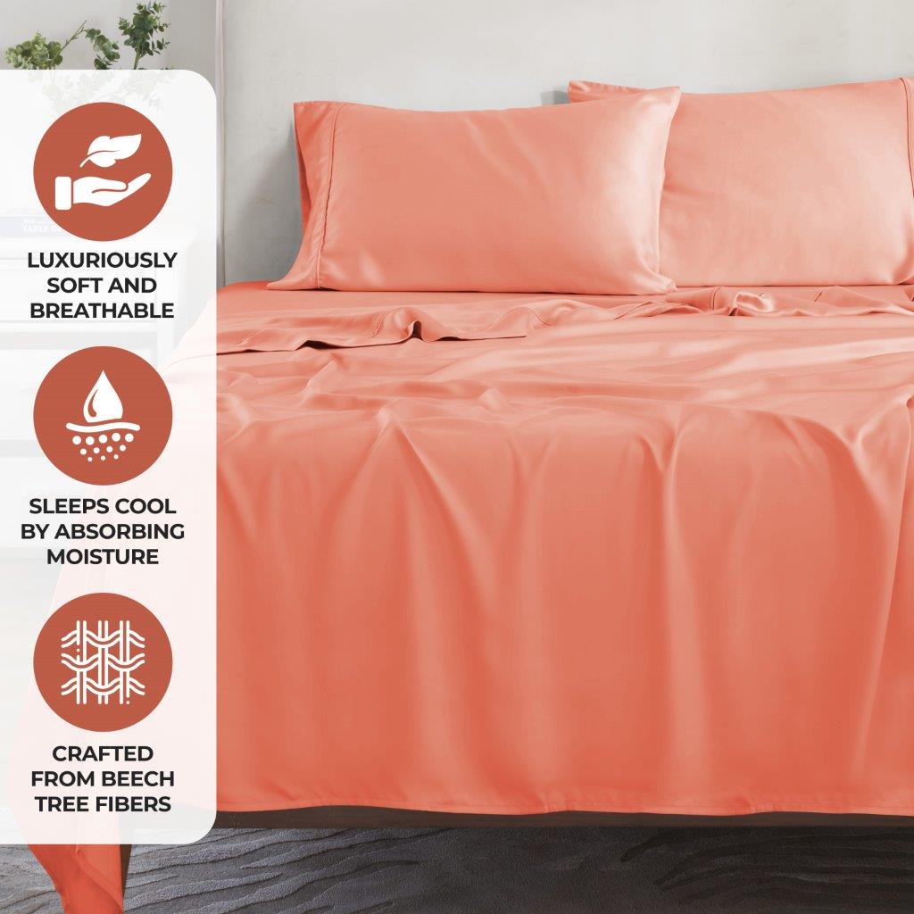 Modal From Beechwood 300 Thread Count Solid Deep Pocket Bed Sheet Set - Coral