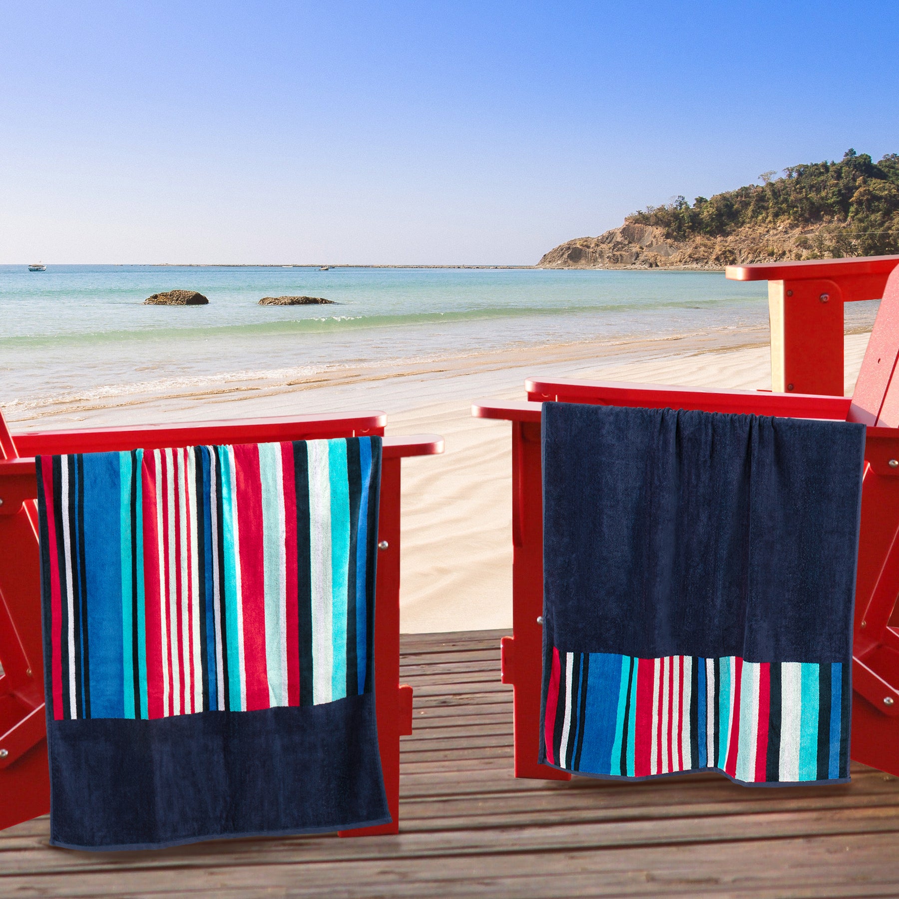 Superior Nautical Stripe Cotton Oversized Beach Towel Set - Blue