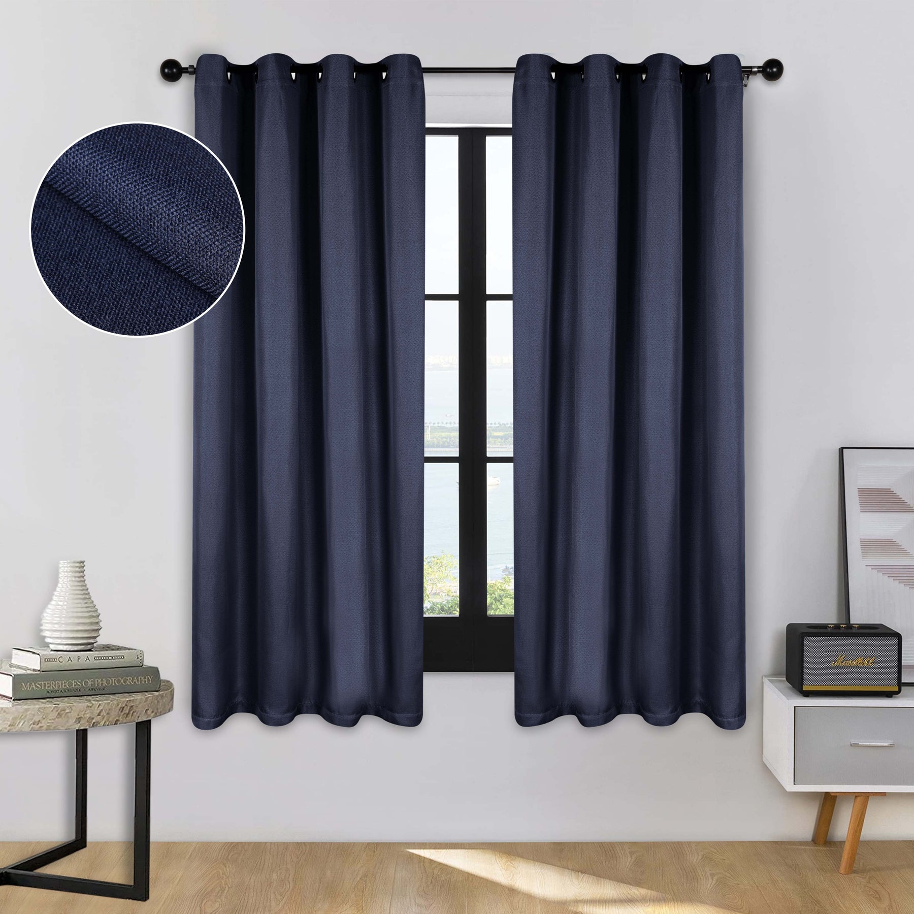 Linen Pattern Washable Room Darkening Blackout Curtains, Set of 2 - NavyBlue