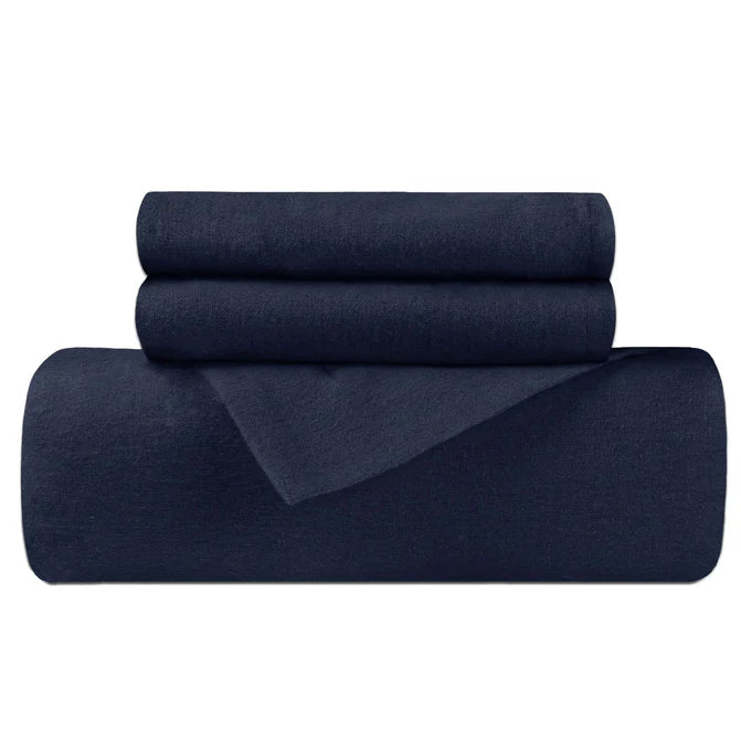 Cotton Flannel Solid Duvet Cover Set with Button Closure - NavyBlue