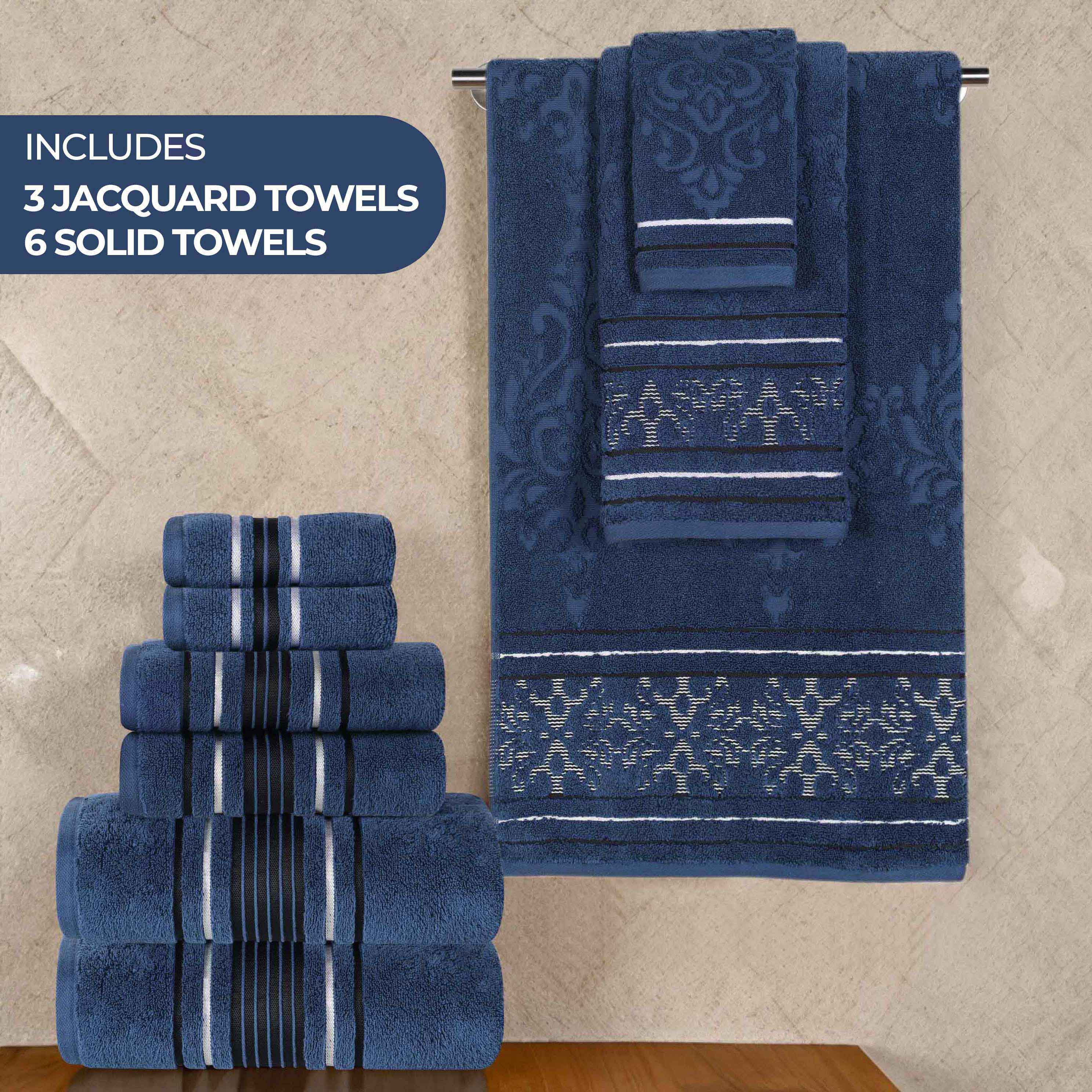 Sadie Zero Twist Cotton Solid and Jacquard Floral 9 Piece Towel Set - Towel Set by Superior Brand