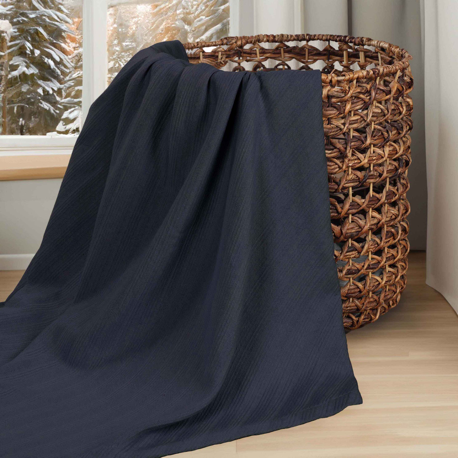 Milan Cotton Textured Jacquard Striped Lightweight Woven Blanket - NavyBlue