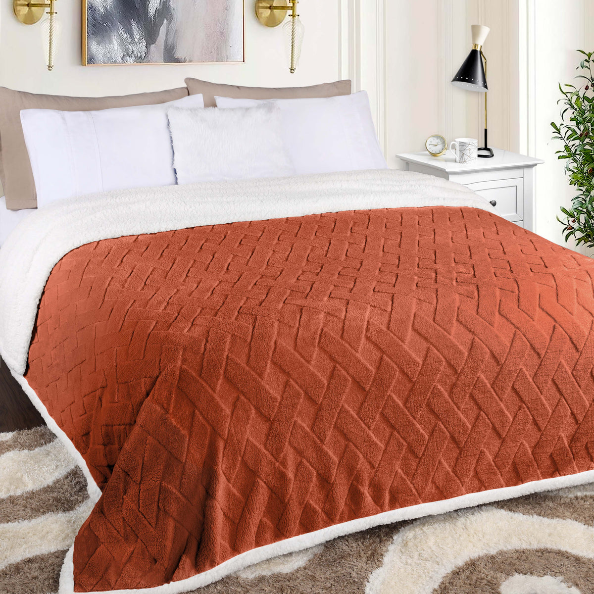 Superior Nuuk Reversible Jacquard Lattice Fleece Plush Sherpa Blanket - Rust