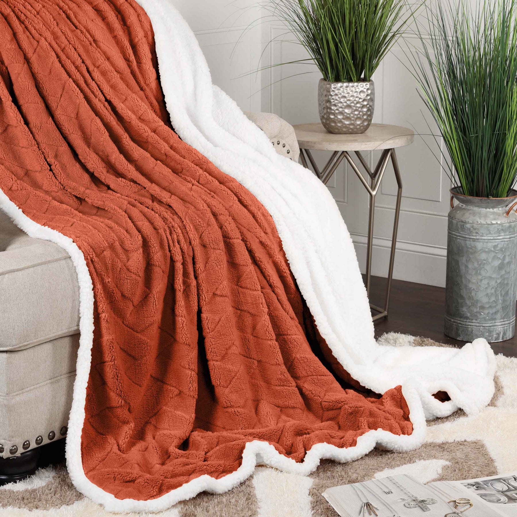 Superior Nuuk Reversible Jacquard Lattice Fleece Plush Sherpa Blanket - Rust