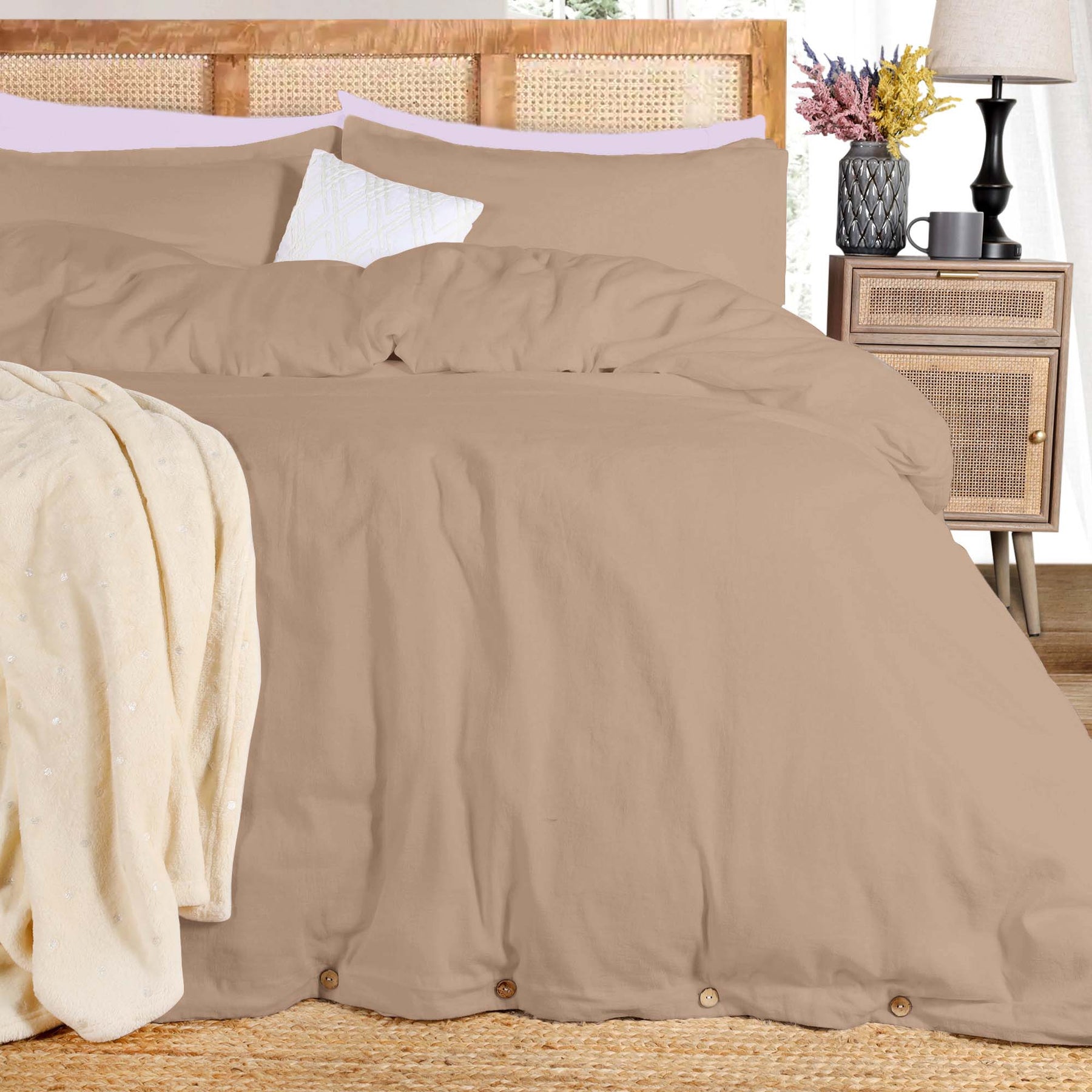 Superior Cotton Linen Blend Solid 3 Piece Duvet Cover Set - Tan