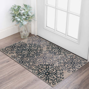 Leigh Traditional Floral Scroll Indoor Area Rug or Runner Rug Or Door Mat - Oatmeal