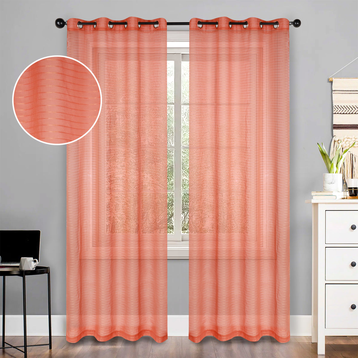 Jackson Striped Sheer Window Curtain Panels - Orange