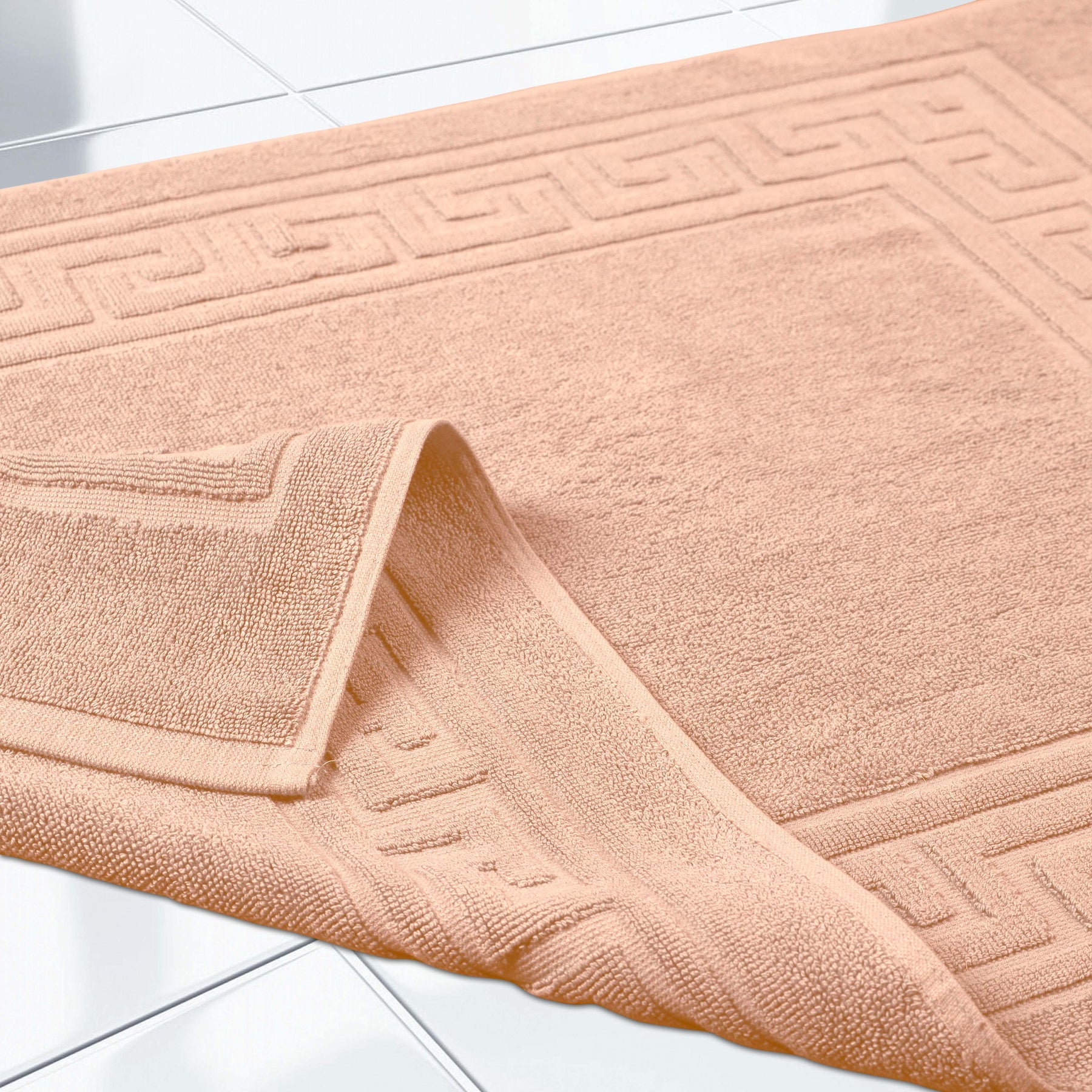 100% Cotton Highly-Absorbent Greek Key Border Solid 2-Piece Bath Mat Set - Peach