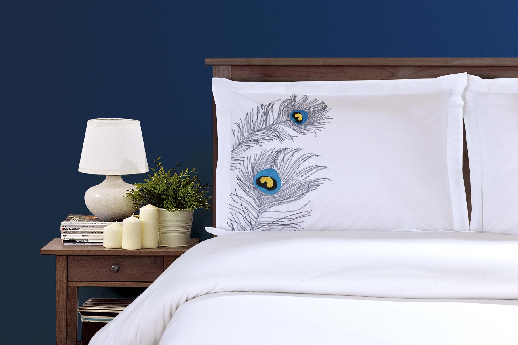 Embroidered Peacock Cotton Duvet Cover Set - Silver