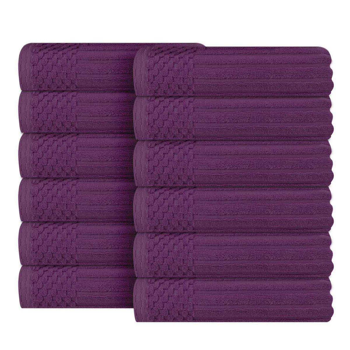 Soho Ribbed Cotton Absorbent Face Towel / Washcloth Set of 12 - Plum