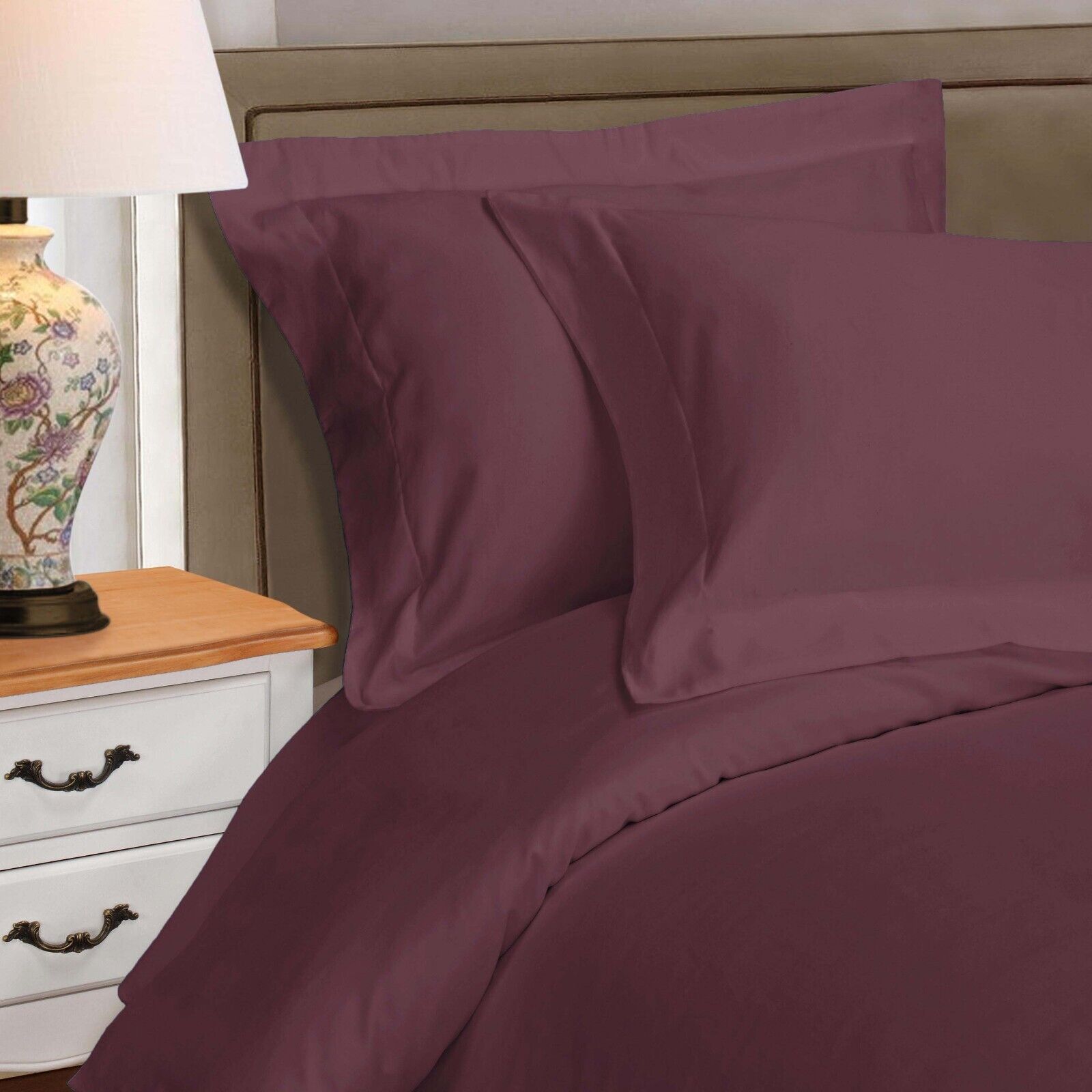 Superior Egyptian Cotton Solid All-Season Duvet Cover Set with Button Closure - Plum