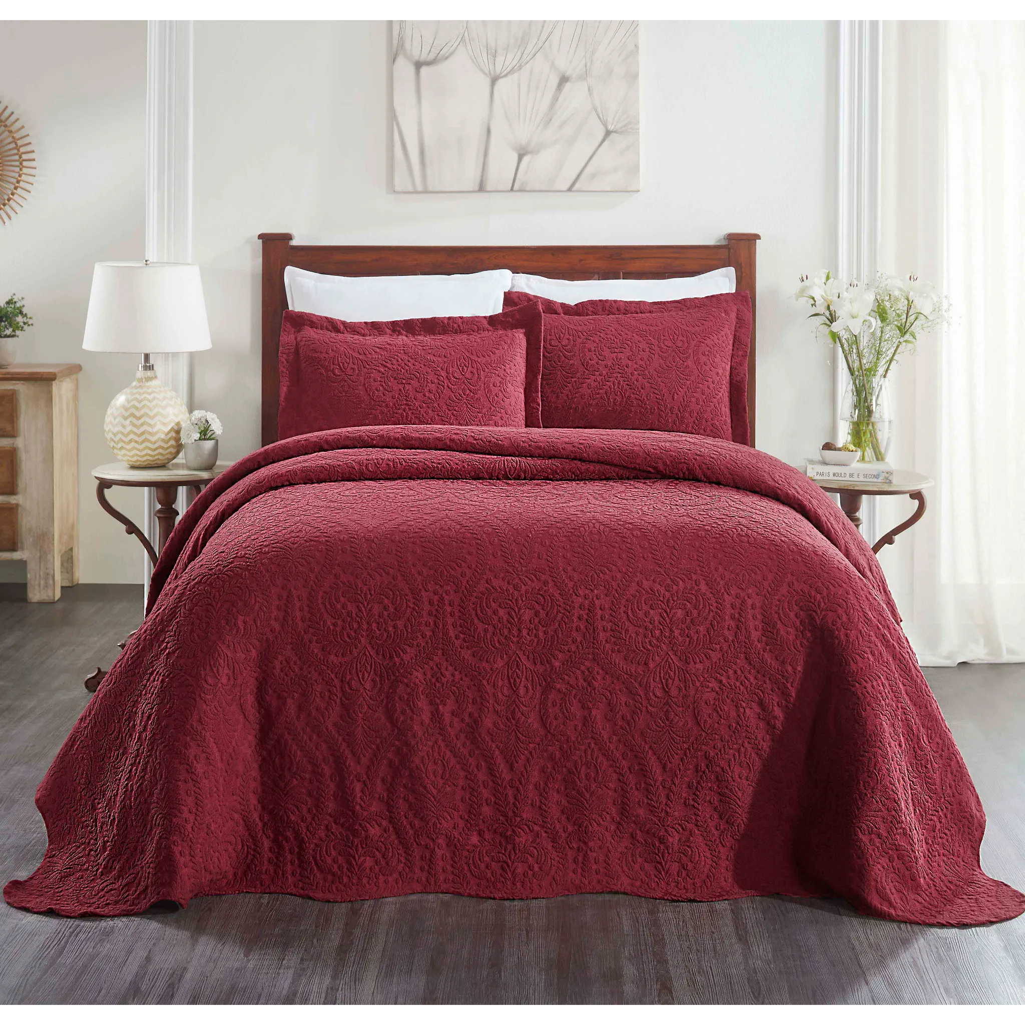 Aspen Jacquard Bedspread Set – 3‐Piece Cotton Blend Floral Bedding ...