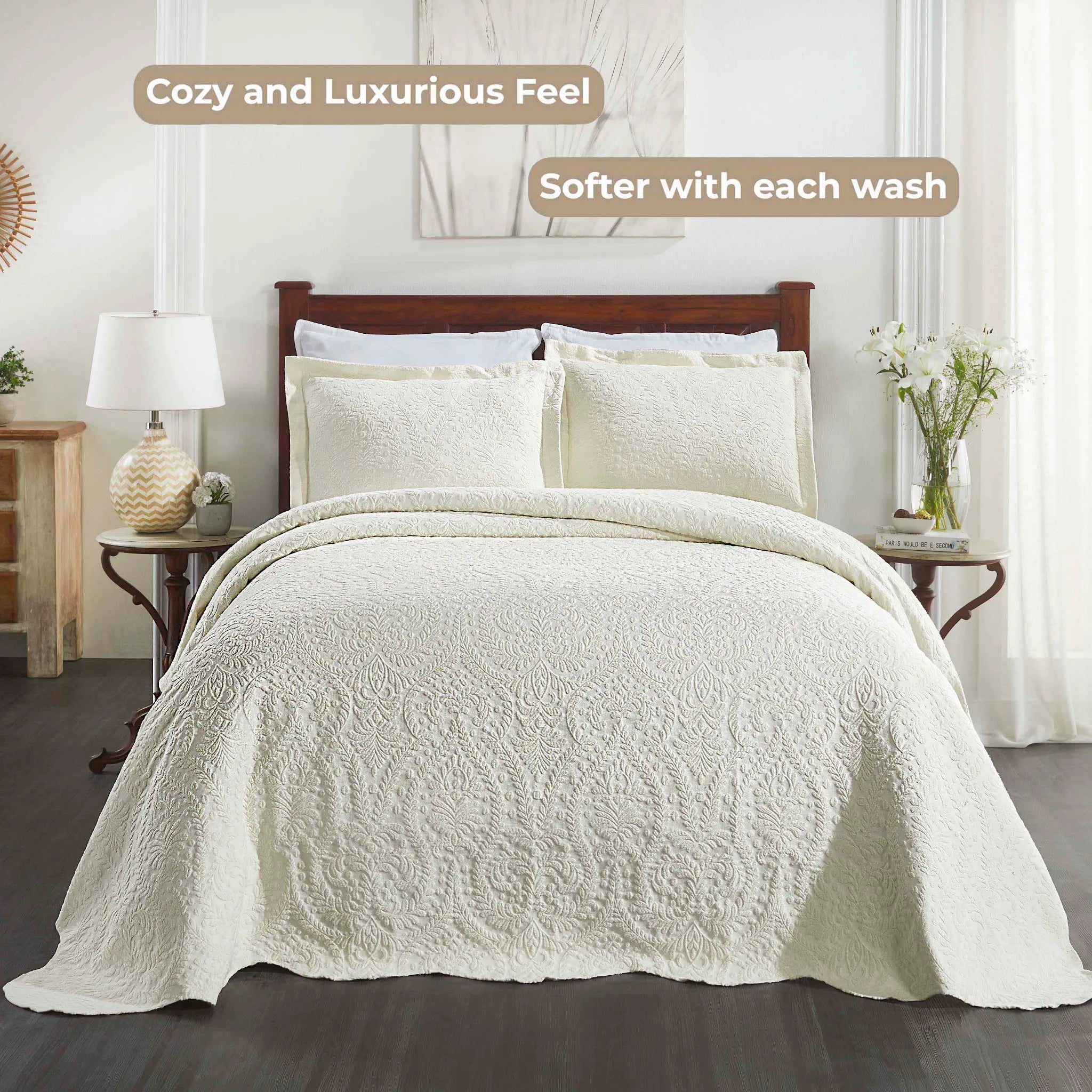 Aspen Jacquard Bedspread Set – 3‐Piece Cotton Blend Floral Bedding ...