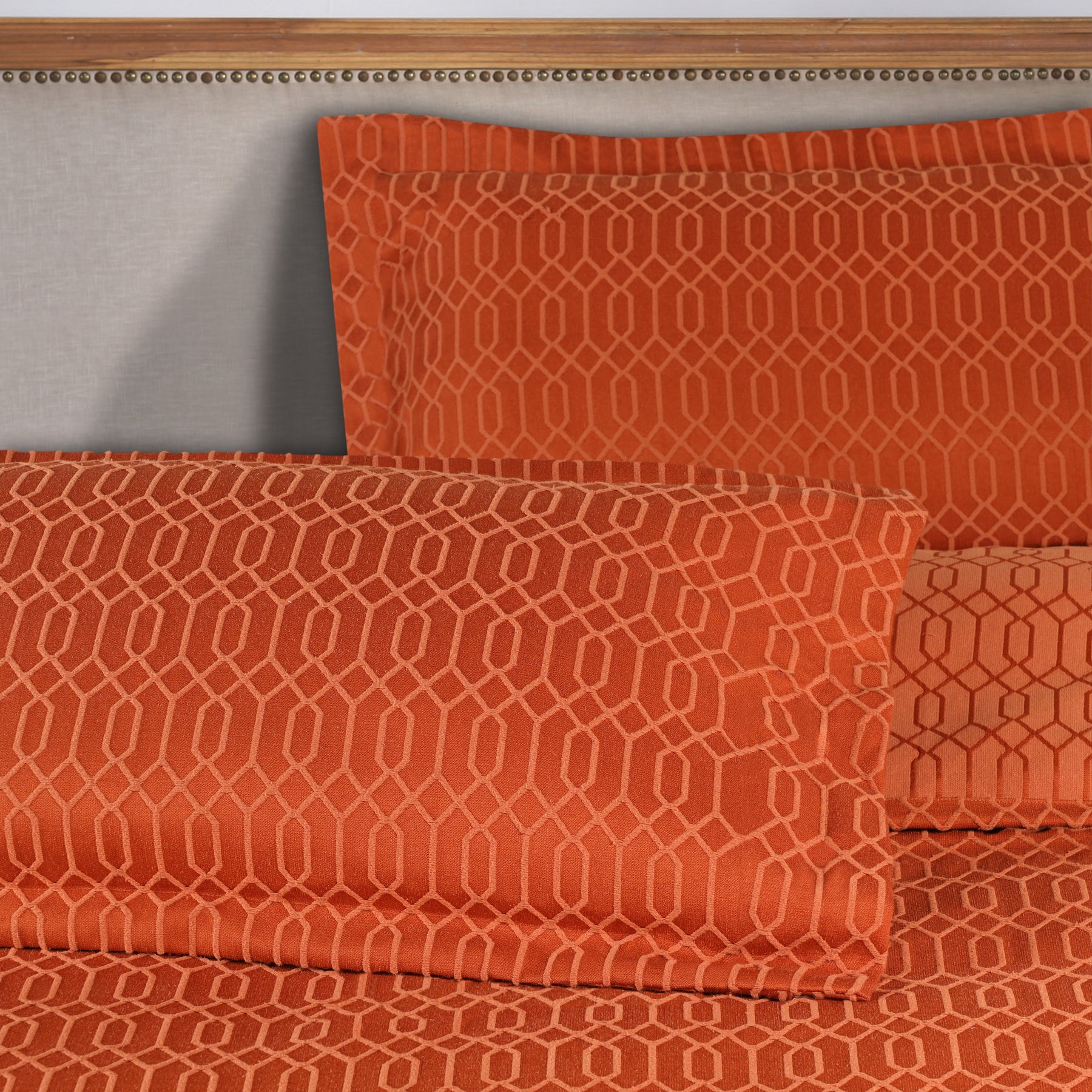 Remi Cotton Blend Jacquard Geometric Fringe Bedspread Set - Rust