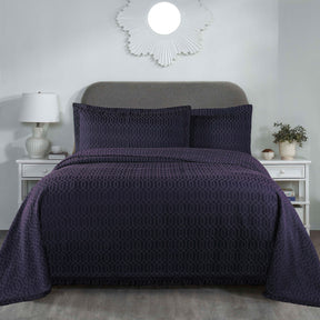 Remi Cotton Blend Jacquard Geometric Fringe Bedspread Set - Navy Blue
