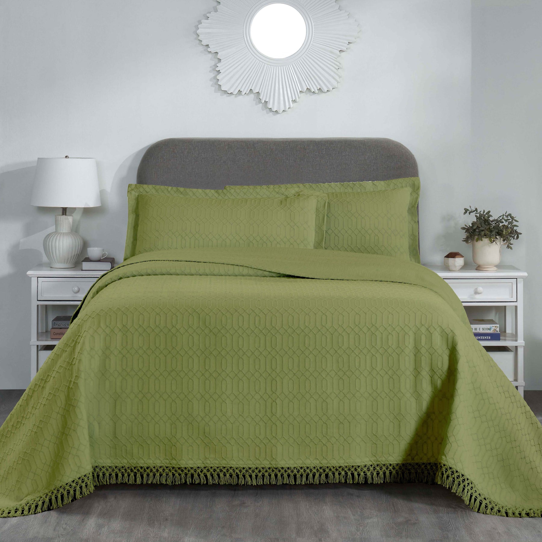 Remi Cotton Blend Jacquard Geometric Fringe Bedspread Set - Sage