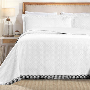 Remi Cotton Blend Jacquard Geometric Fringe Bedspread Set - White