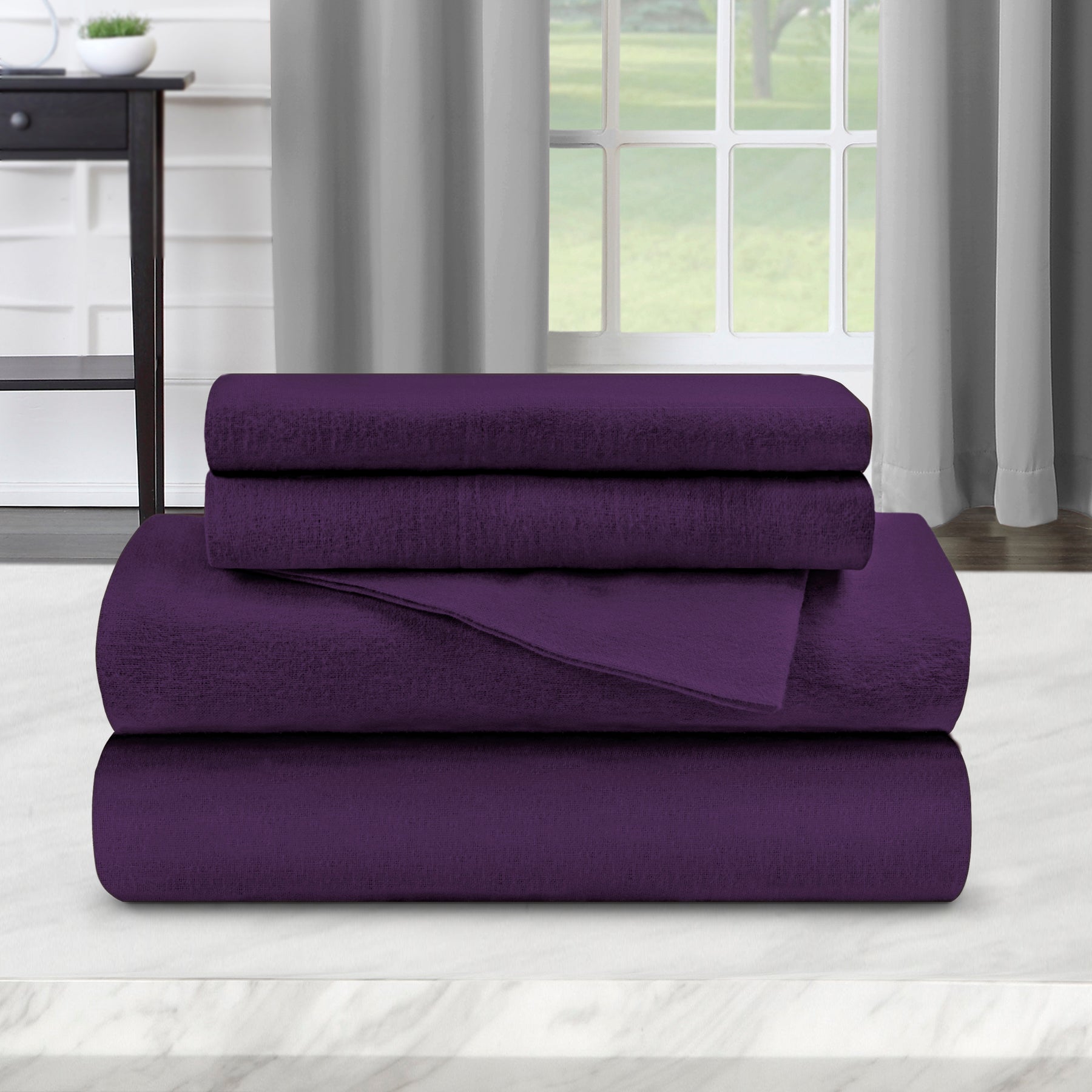 Solid Flannel Cotton Soft Warm Deep Pocket Sheet Set - Purple