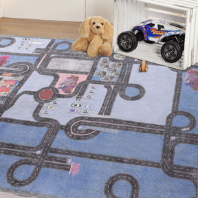 Superior Country Road Kids Playroom Nursery Washable Indoor Area Rug Or Door Mat - Blue