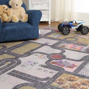 Superior Country Road Kids Playroom Nursery Washable Indoor Area Rug Or Door Mat - Mossy Gold