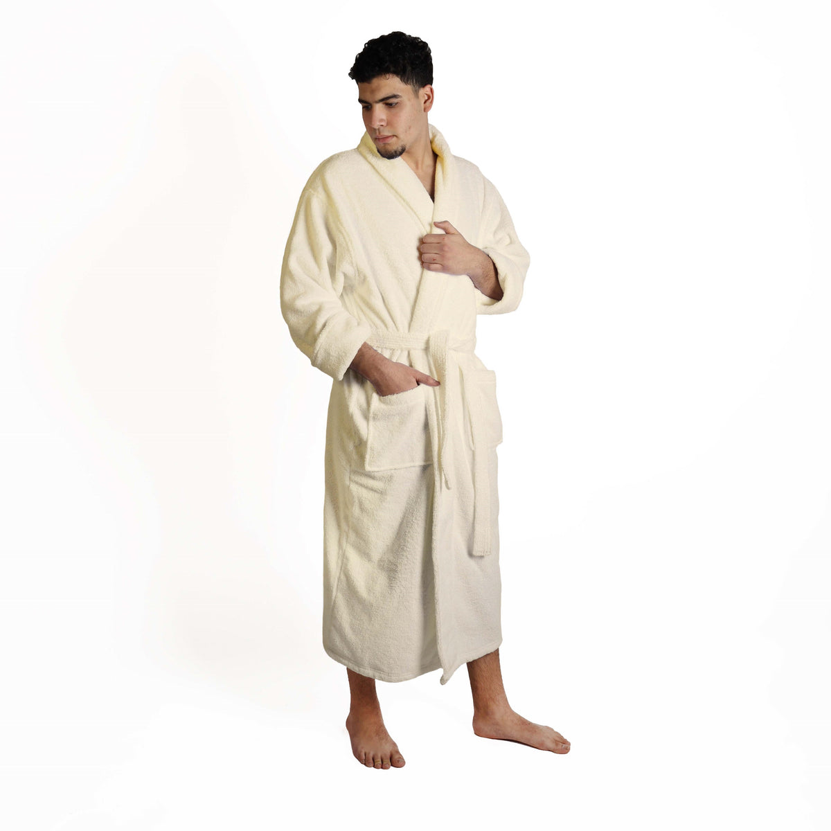 Classic Men's Home and Bath Collection Traditional Turkish Cotton Cozy Bathrobe with Adjustable Belt and Hanging Loop  - Ivory