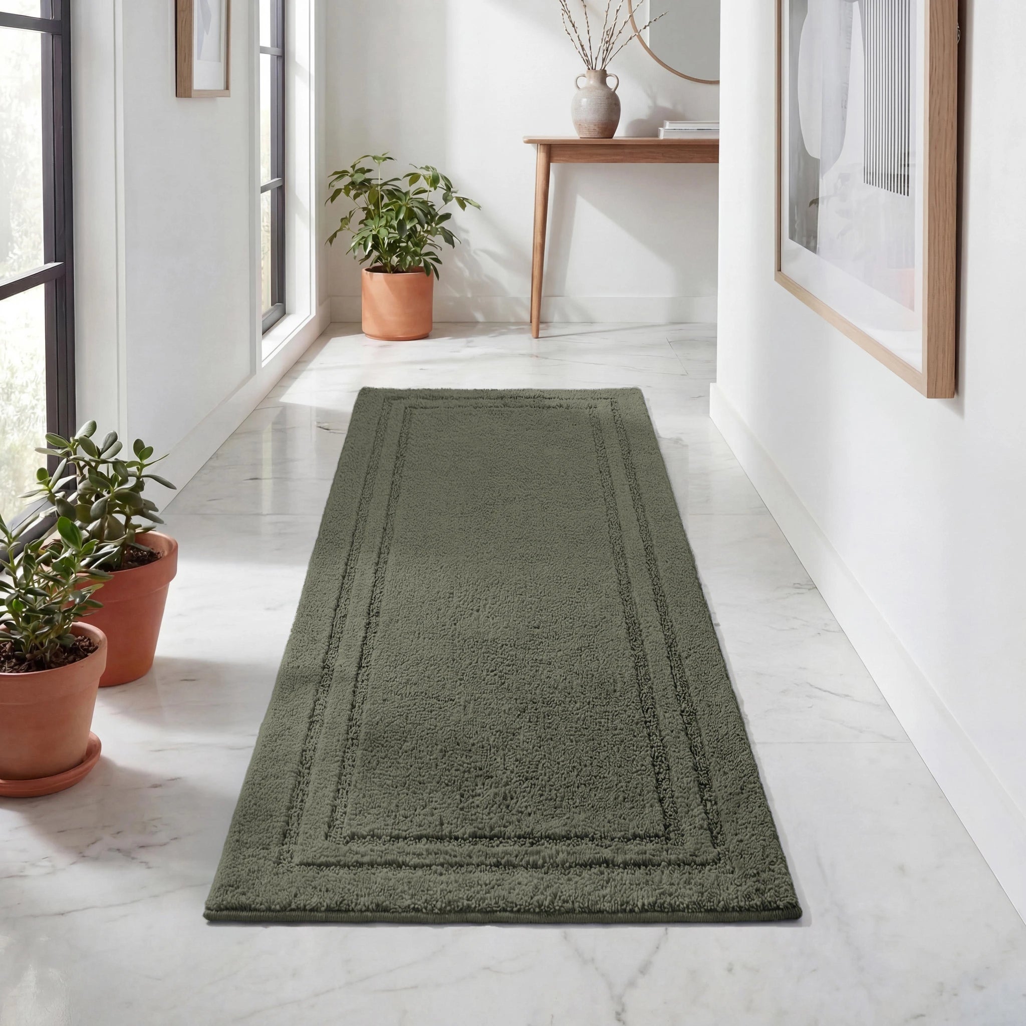 Solid Bordered Cotton Washable Non-Slip Bath Rugs or Runner