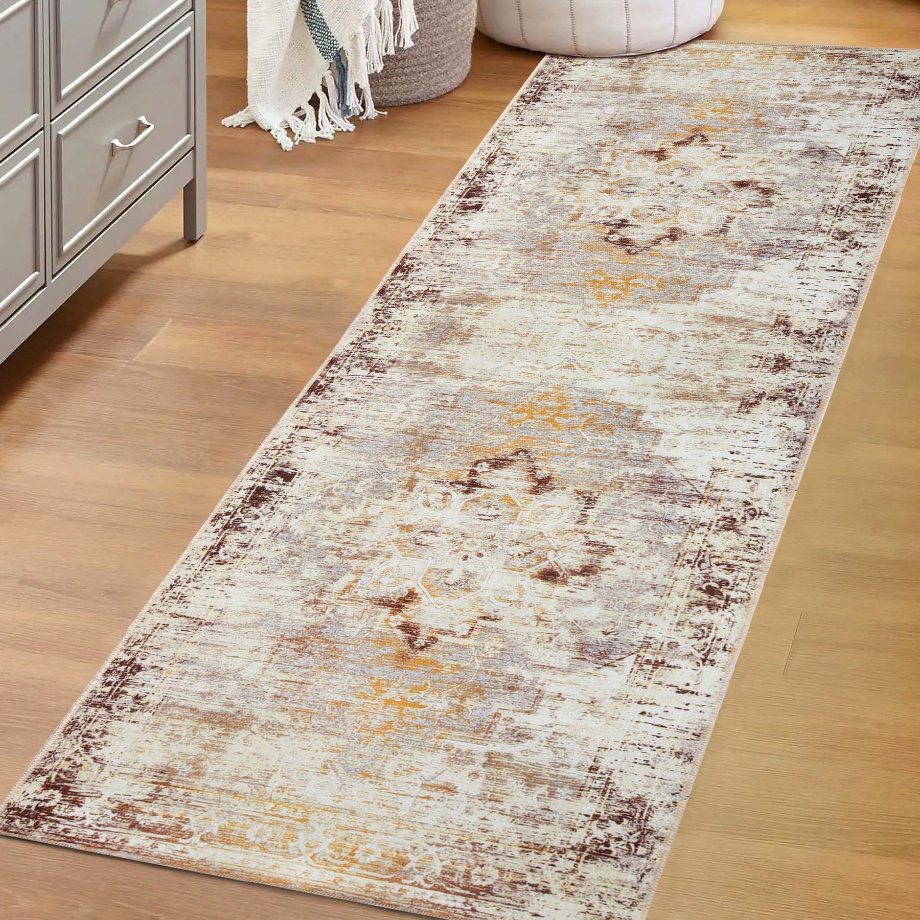 Dove Faded Medallion Machine Washable Indoor Area Rug or Runner Rug