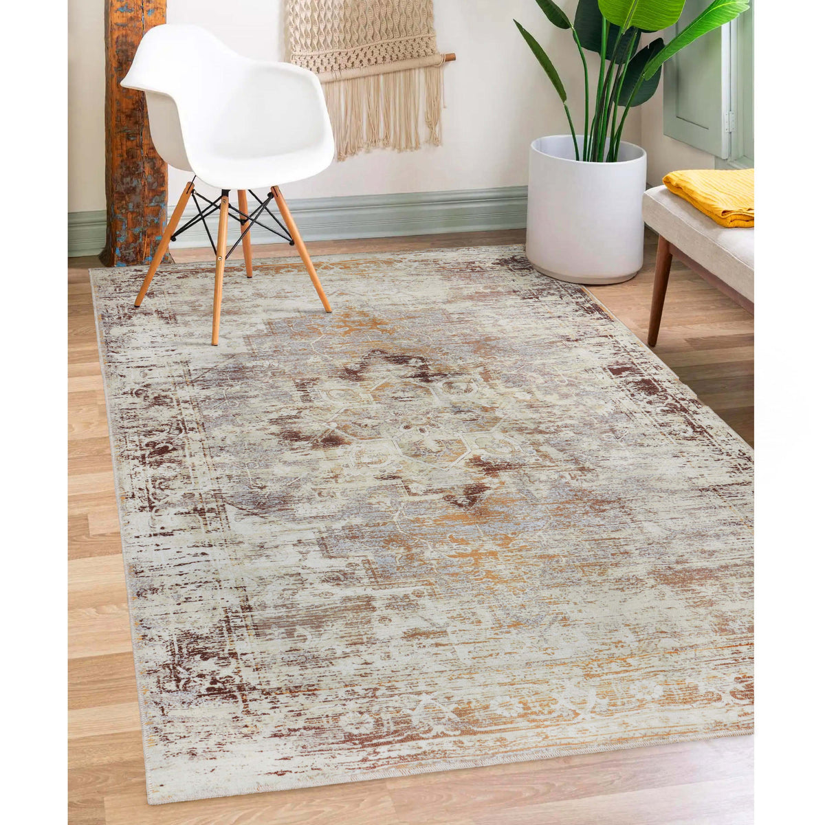 Dove Faded Medallion Machine Washable Indoor Area Rug or Runner Rug 